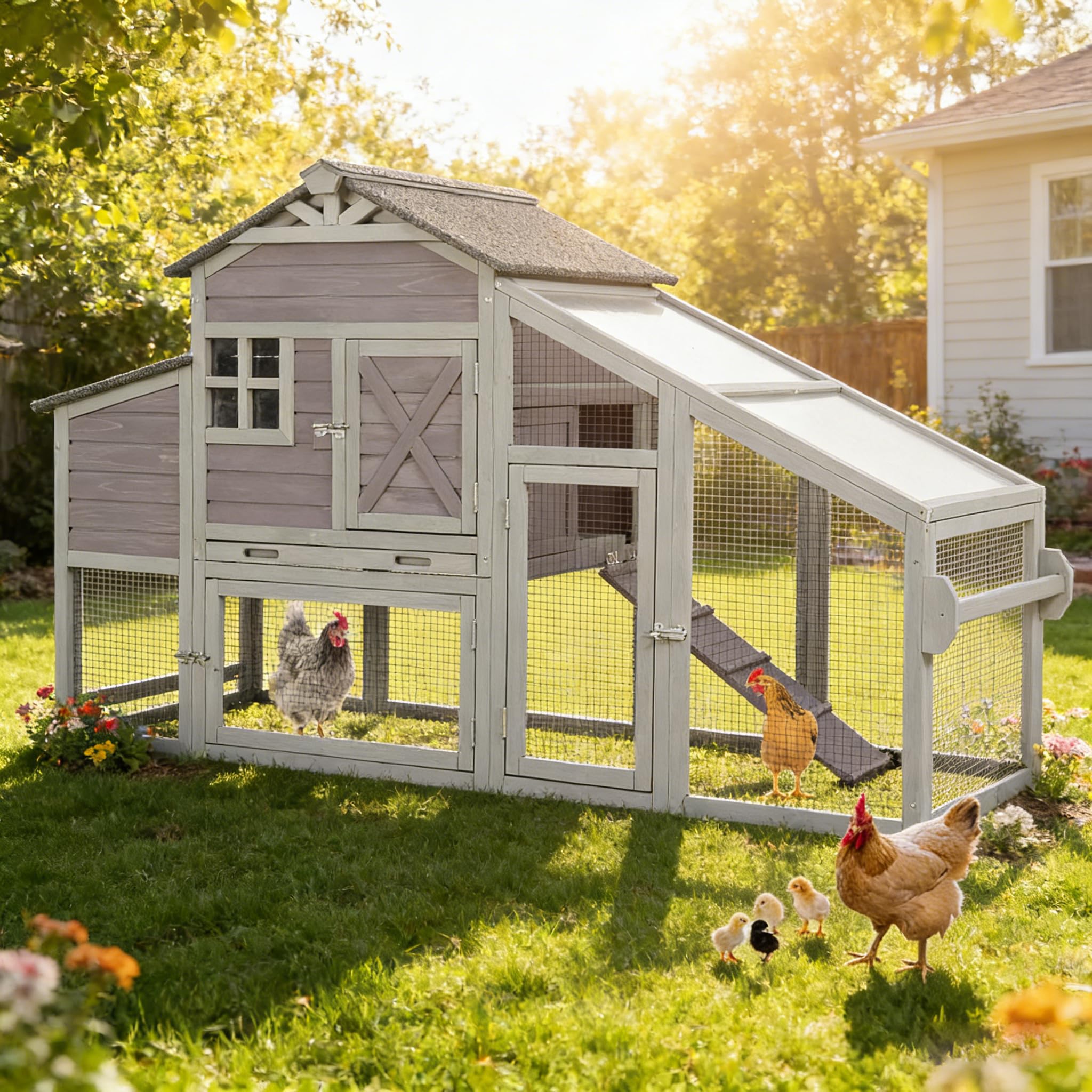 Aivituvin Chicken Coop Mobile Chicken House on Wheels, Rabbit Hutch Bunny Cage Expandable Wooden Poultry Cage with Large Nesting Box Leakproof Pull-Out Tray,UV-Resistant Roof (Grey)