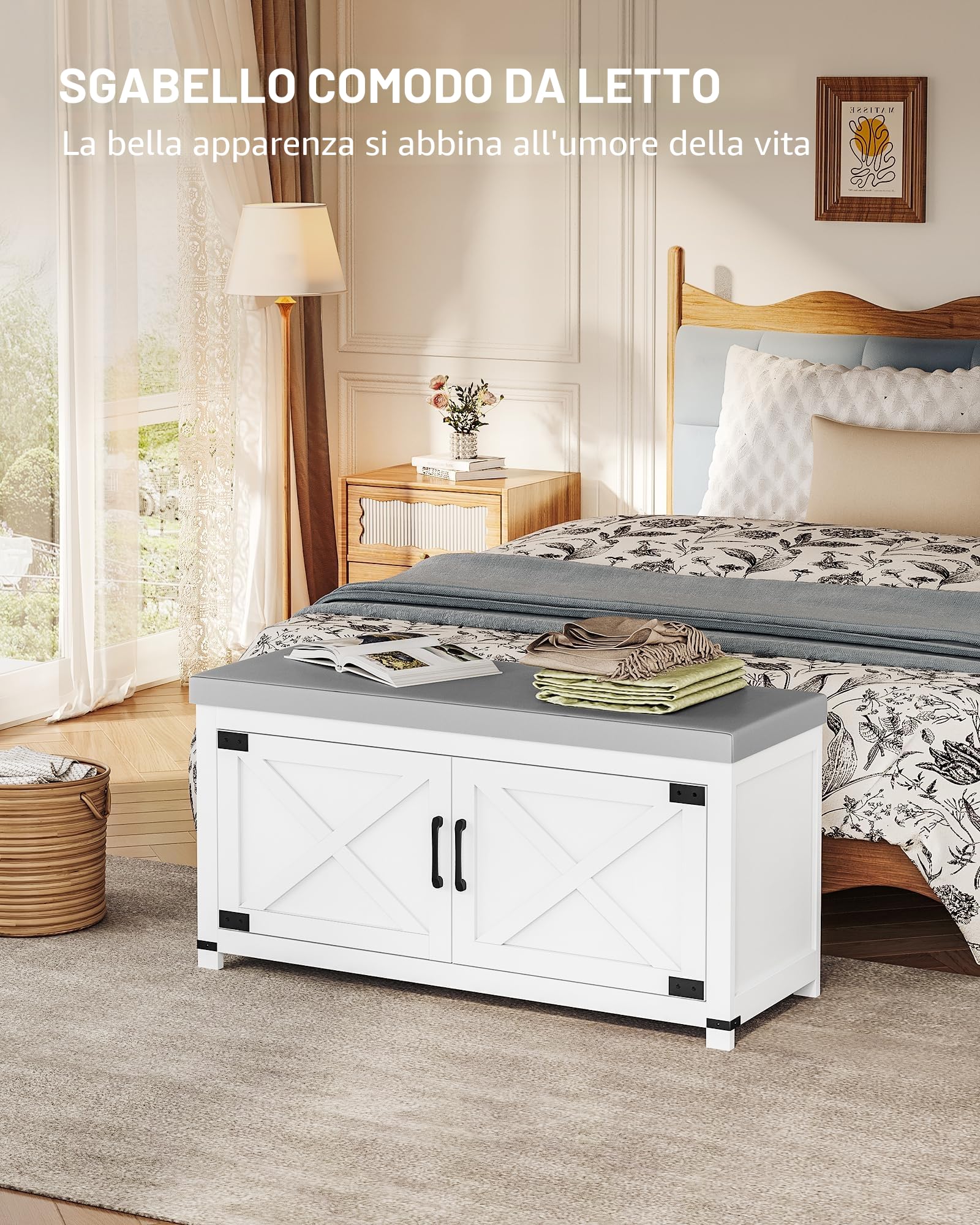 Hzuaneri Panca Scarpiera con Cuscino, Scarpiera da Ingresso Panca con Porte, 8 paia di scarpe, 35 x 100 x 49 cm, Bianco SB26603GY