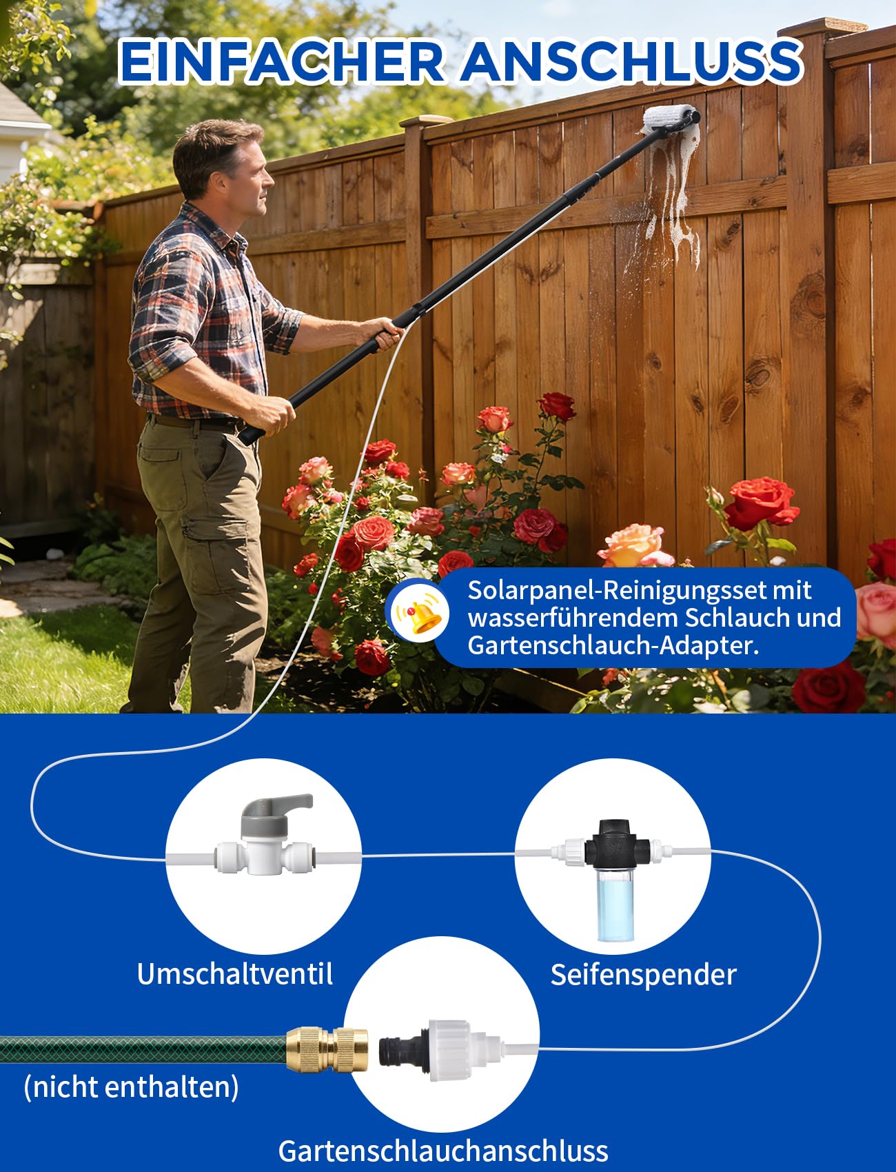 Elektrische Teleskop Waschbürste mit Teleskopstiel Reinigungsbürsten Set | mit 6.2m ausziehbarer Teleskopstange, 12m Wasserrohr Fensterreinigung für PV Anlagen, Fenster, Terrassendächer, Wintergärten