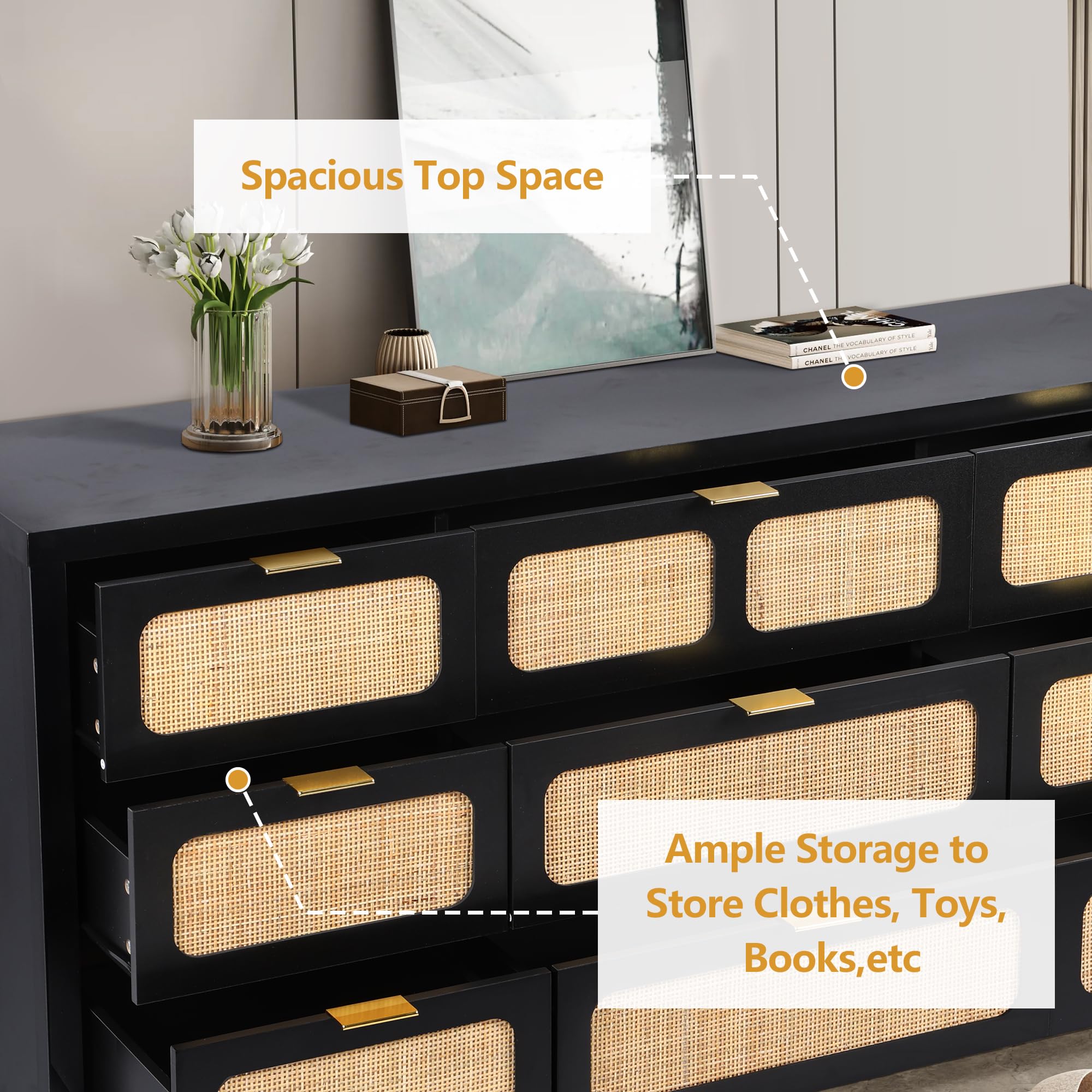 Amazon.com: LEVNARY 9 Drawer Dresser for Bedroom, Black Rattan Dresser with 9 Storage Drawers, Wooden Large 58" Long Dresser for Entryway, Living Room ( Black) : Home & Kitchen Amazon.com: LEVNARY 9 Drawer Dresser for Bedroom, Black Rattan Dresser with 9 Storage Drawers, Wooden Large 58" Long Dresser for Entryway, Living Room ( Black) : Home & Kitchen