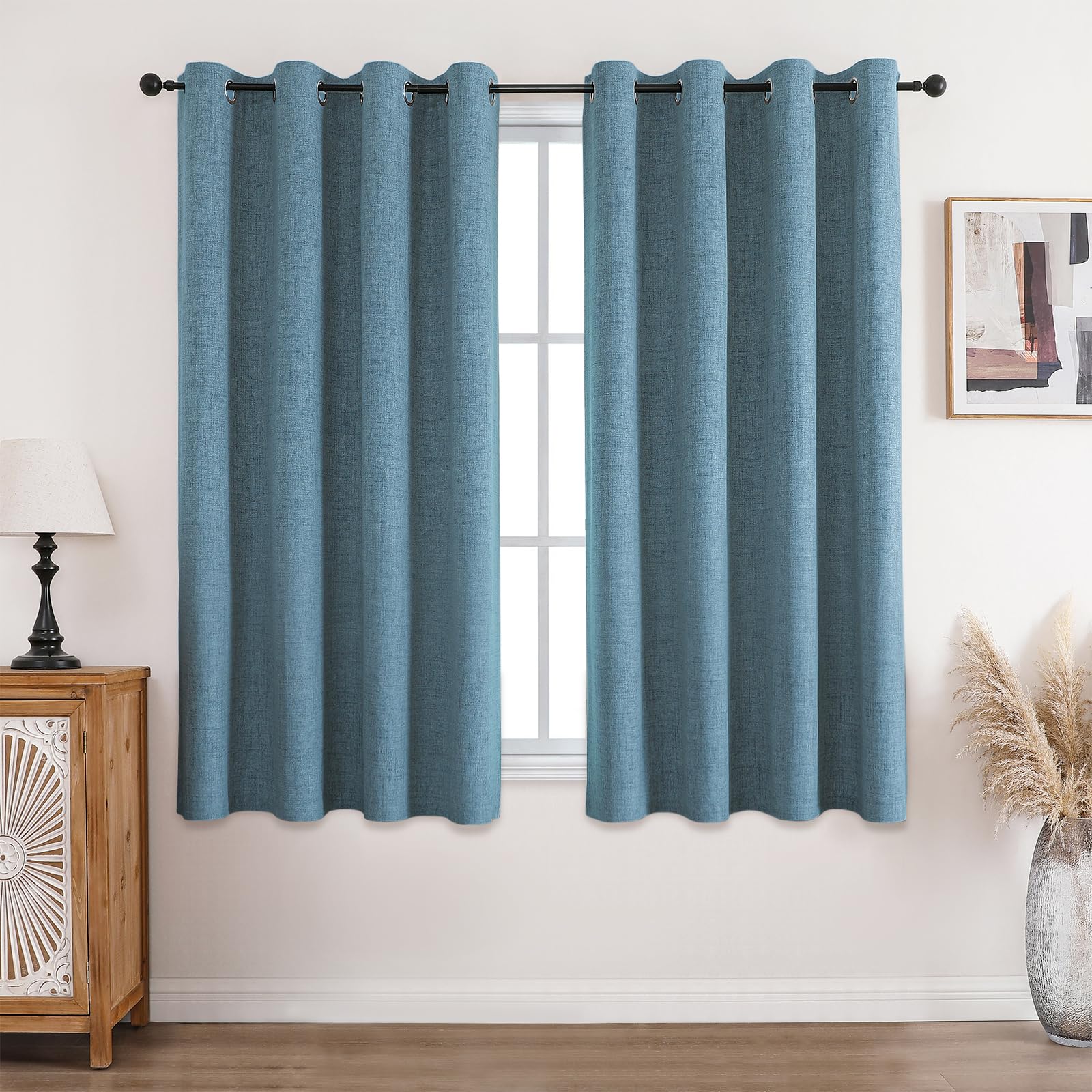 CUCRAF 100% Blackout Eyelet Curtains Sun Protection Thermal Linen Eyelet Curtains for Living Room Bedroom Sky Blue H 54 x W 46 inch, Set of 2 — image 1