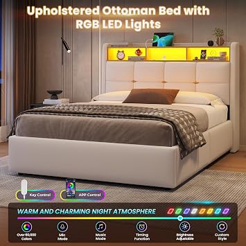DICTAC Double Bed Frame with Hydraulic Storage,Charging Station and Led Lights 4ft6 Ottoman Upholstered Platform Bed Frame with Storage Headboard,Sturdy Wood Slats,White-135x190 cm(No Mattress)