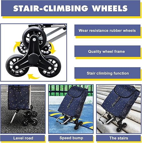 Miniatura 4 de Honshine Carrito de compras con 6 ruedas de goma carrito de comestibles para subir escaleras con bolsa grande impermeable extraíble y asa ajustable