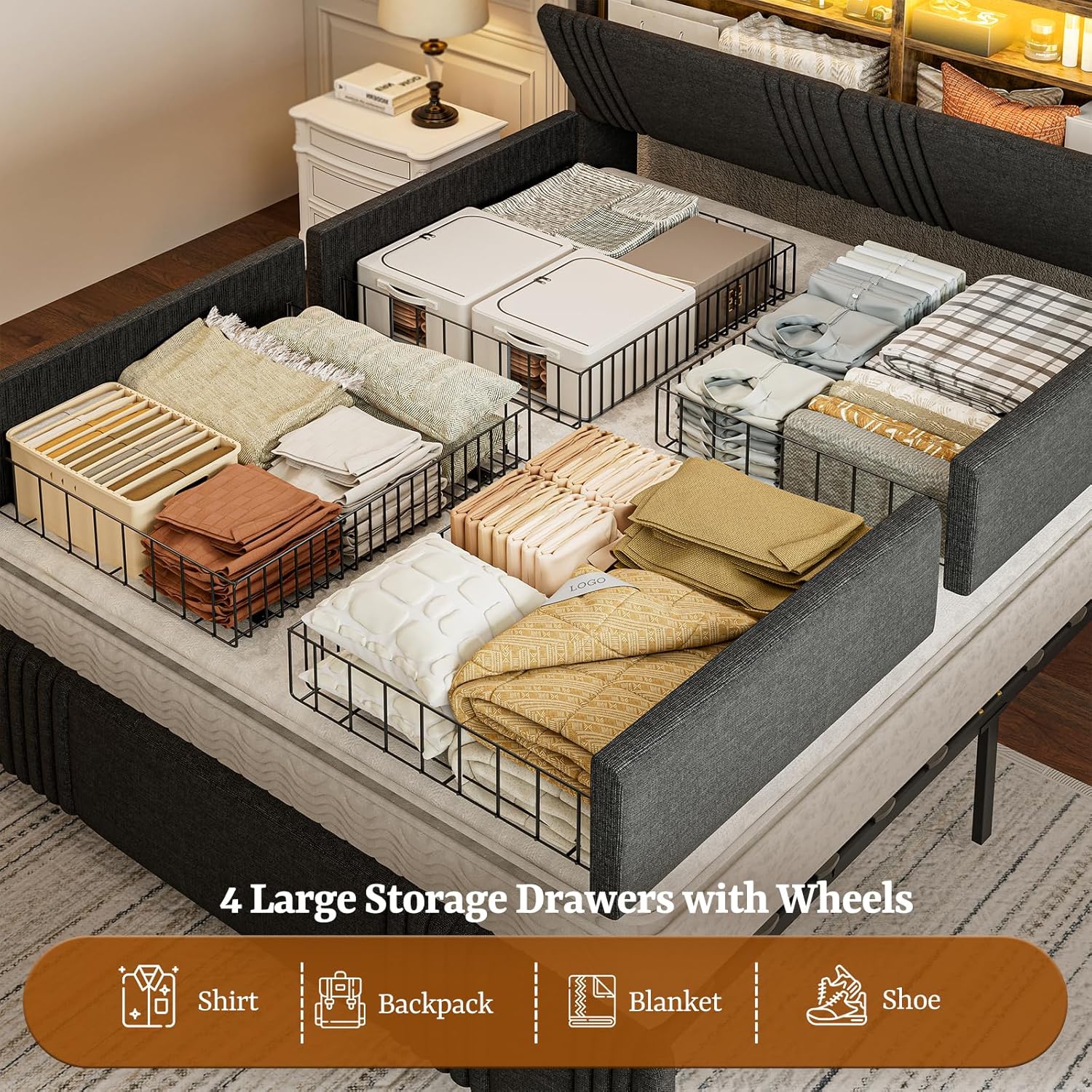 IKIFLY King Size Bed Frame with Hidden Storage Headboard & 4 Drawers, 49.2” Tall Upholstered Wingback Headboard with LED Lights and Charging Station, No Box Spring Needed, Solid Wood Slats, Black