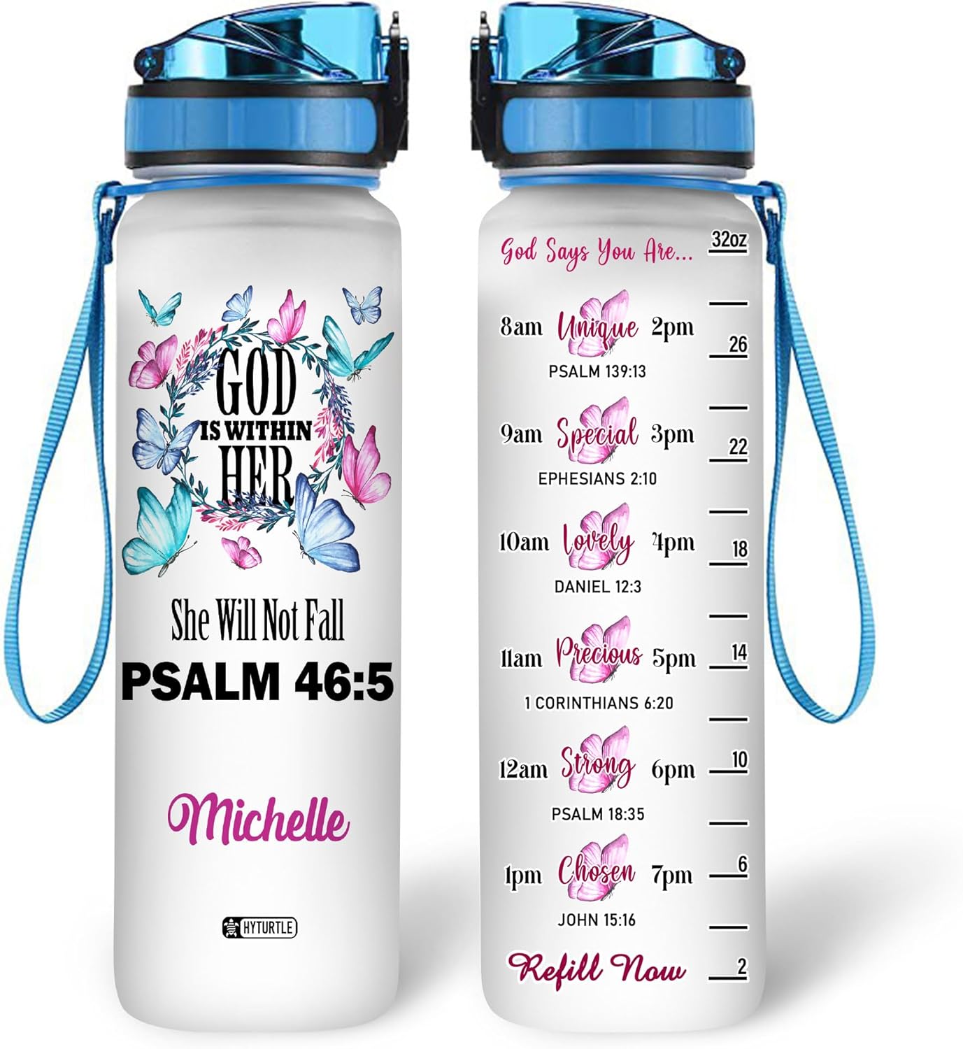Hyturtle Personalized Christian Water Bottle – 32oz Motivational Water Bottle with Leak-Proof Lid Time Marker – Custom Name Gift for Butterfly Butterfly Lovers Women Girls On Birthday Christmas