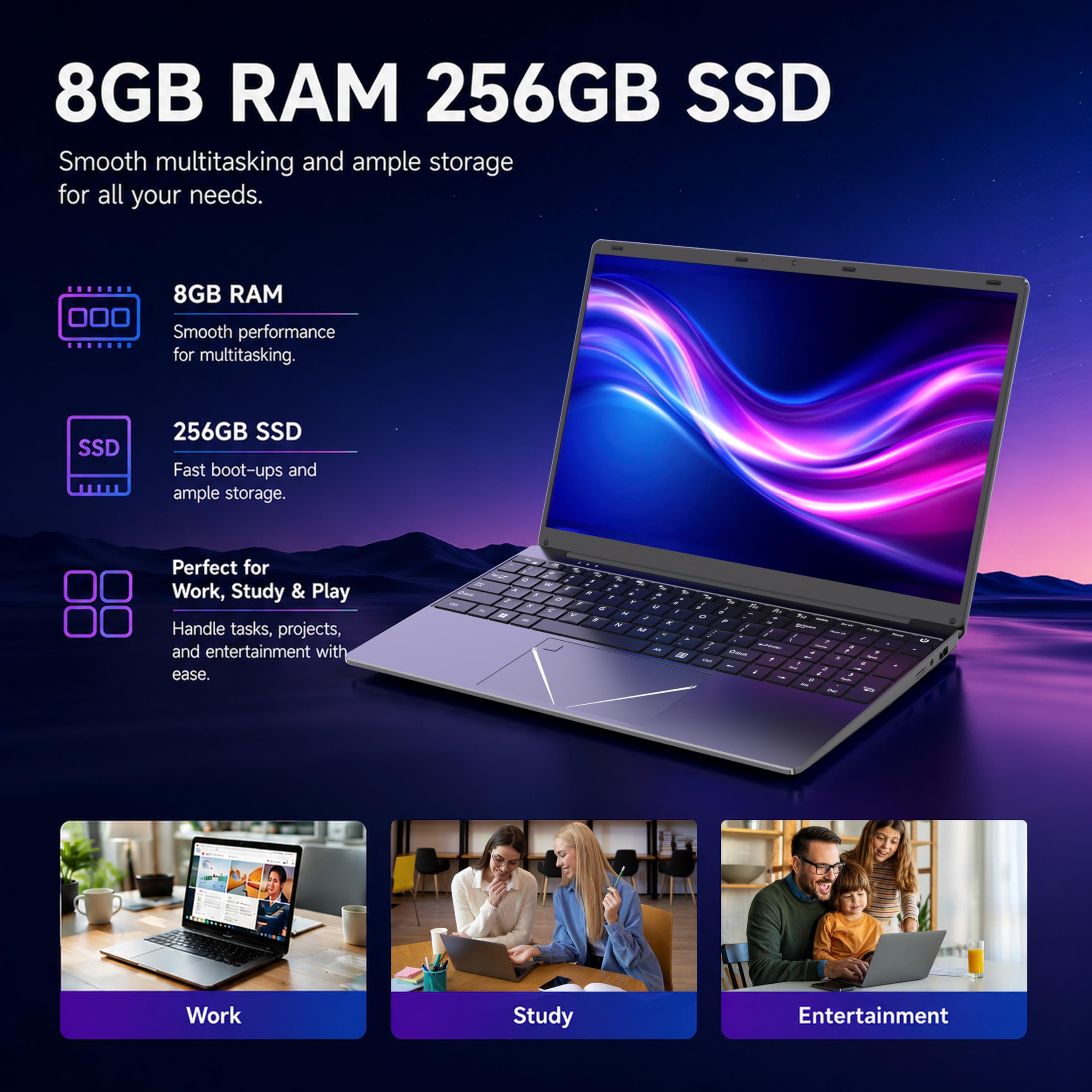 Ordinateur Portable 15.6" FHD Core i3-6100U Dual-Cœur, 8 Go RAM 256 Go SSD | PC Portable pour Étudiants, Télétravail et Bureau, Clavier Rétroéclairé, USB 3.0, HDMI, WiFi 5, Bluetooth 5.0