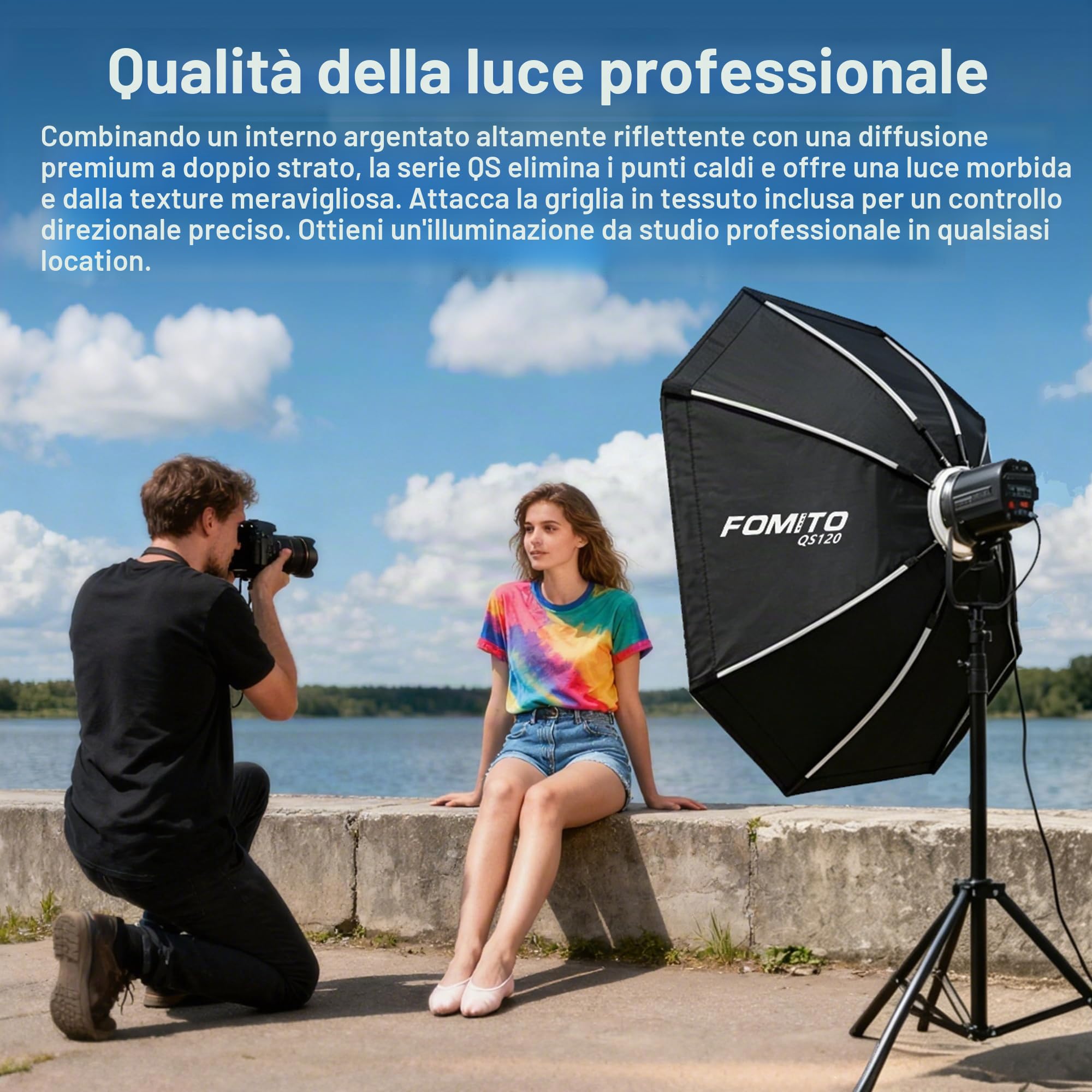 FOMITO Softbox rettangolare con striscia a sgancio rapido, 30 x 120 cm, con supporto Bowens e griglia per fascio di luce, per illuminazione da studio fotografico, 30 x 120 cm