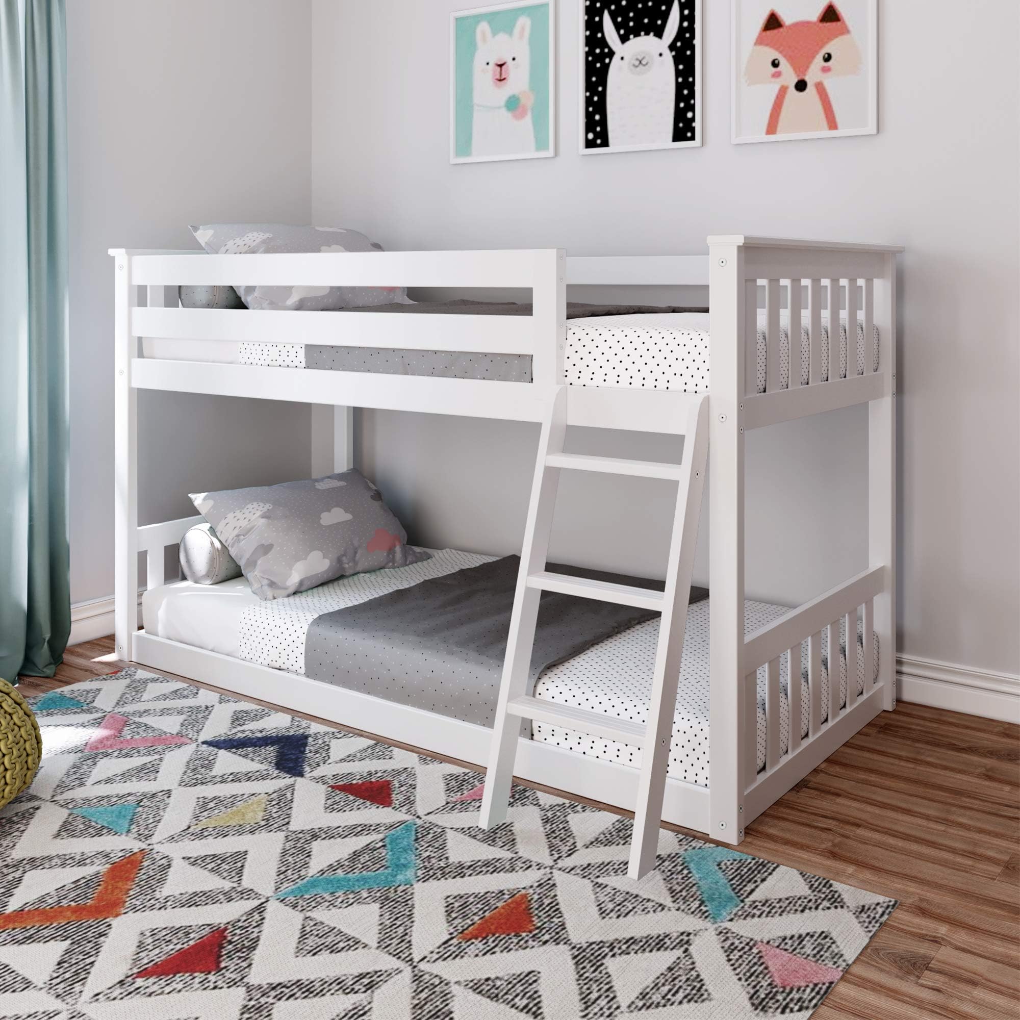 Max & Lily Twin Over Twin Low Bunk Bed with Ladder, Wooden Bunk beds with 14” Safety Guardrail for Kids,Toddlers, Boys, Girls, Teens, Bedroom Furniture, White