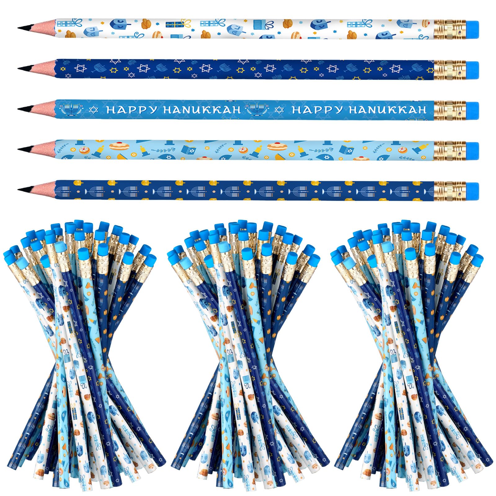 Tenceur 100 lápices de madera de Hanukkah con borrador, surtido de lápices de Janucá, regalo para niños, diversión de escritura, suministros escolares divertidos para aula, recompensa de estudiantes