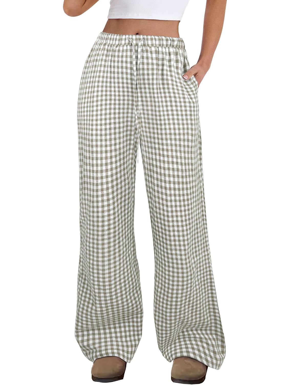 ANRABESS Striped Gingham Wide-Leg Lounge Pants