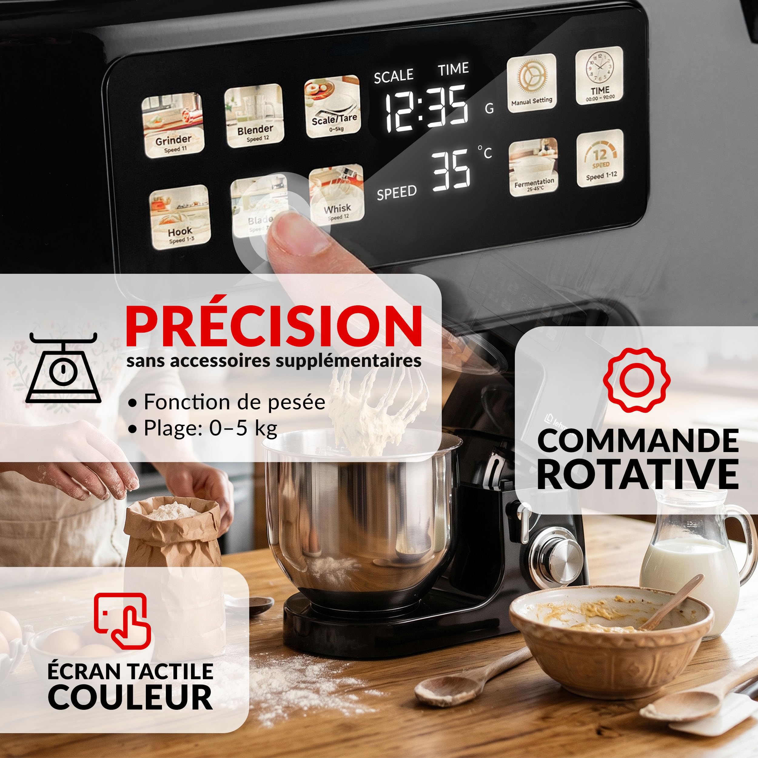 LEHMANN Teyles Robot Pâtissier Professionnel Multifonction 2100W 8L avec Balance Intégrée et Bol Chauffant, Pétrin à Pain et Pizza, Blender Verre 1,5L, Hachoir à Viande, Noir