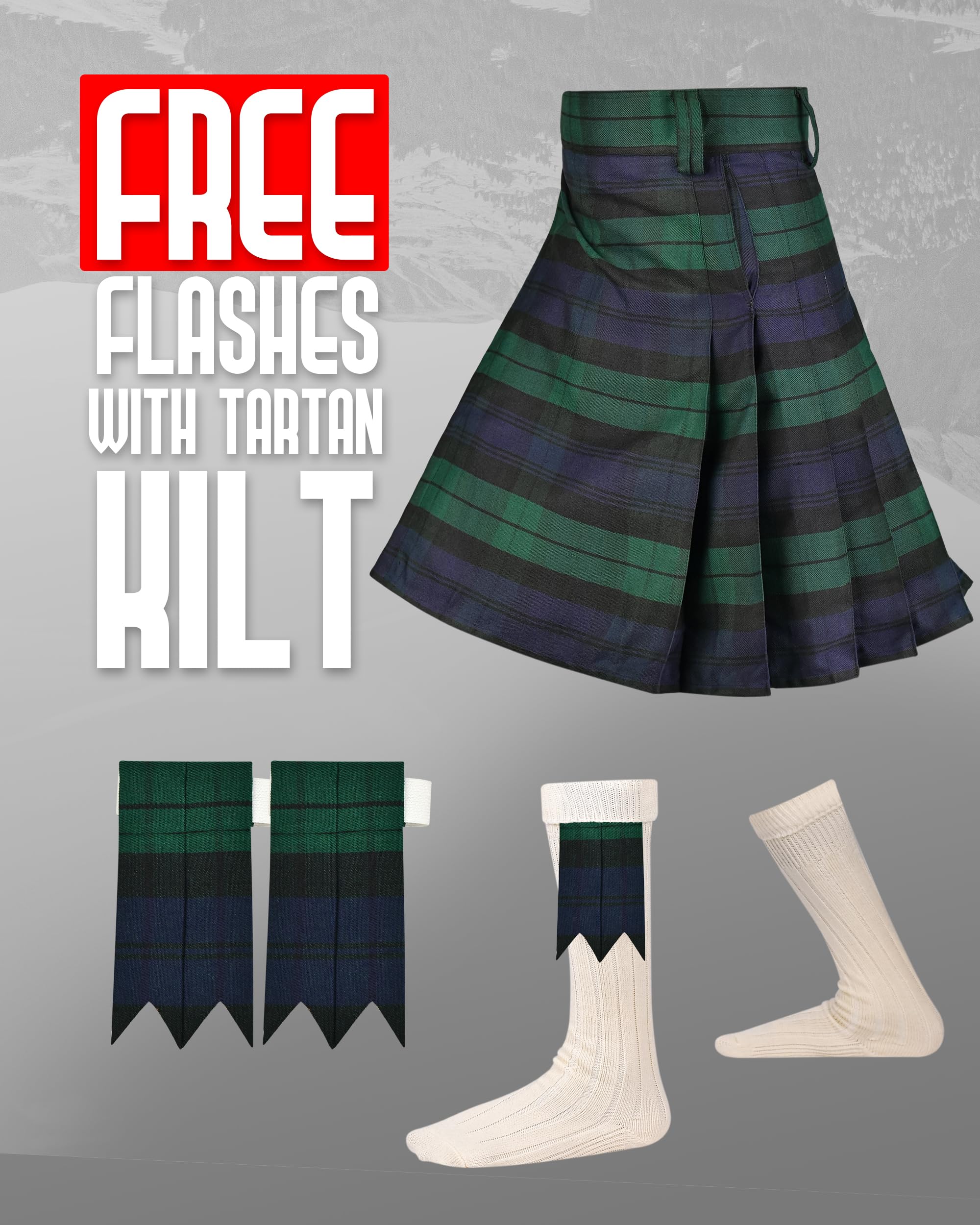 Sport-Kilt für Herren – Schottisches Schottenkaro, athletischer Kilt aus Polyviskose, Klettverschluss, Herren-Kilt mit kostenlosen Blitzen