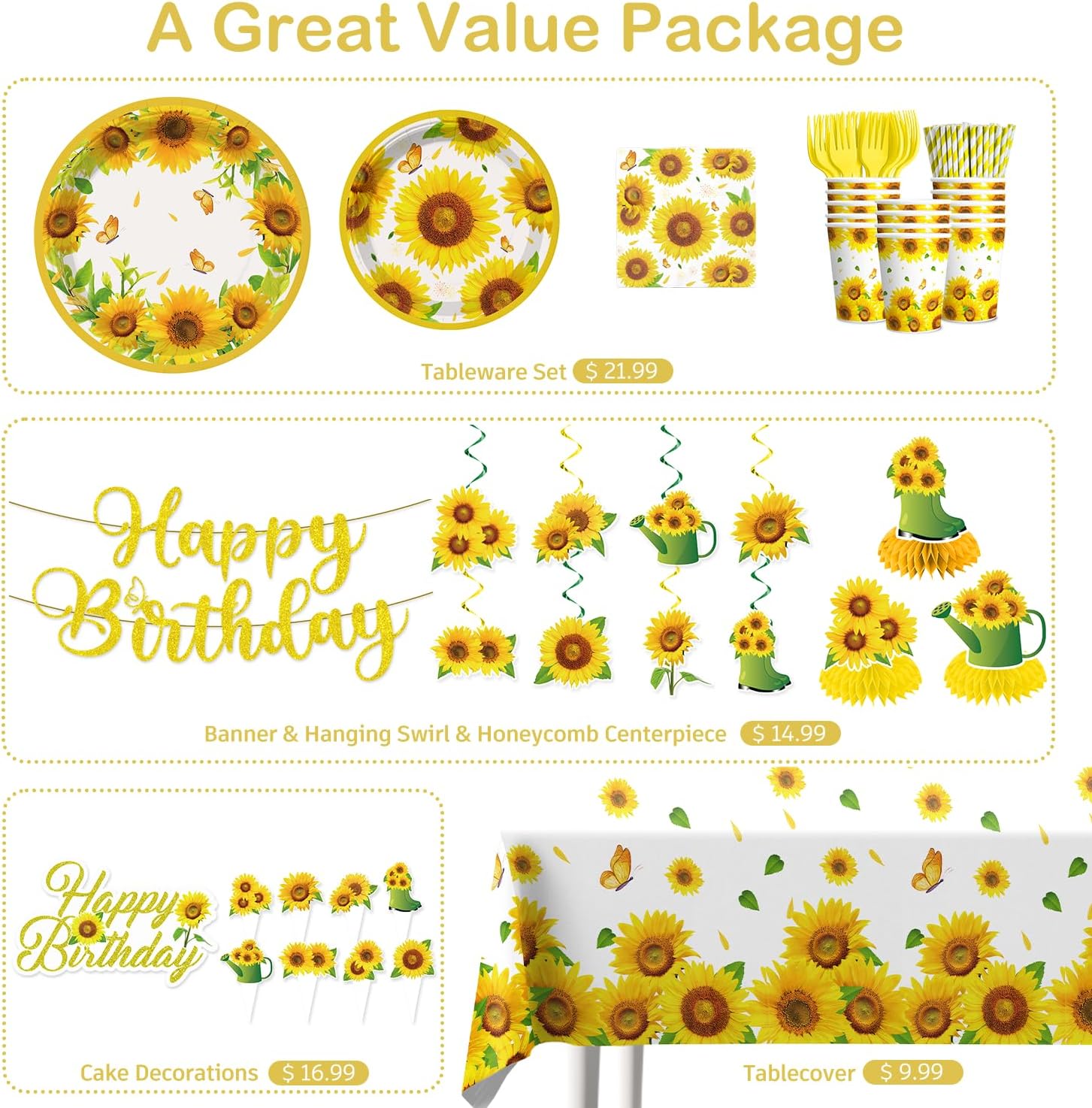 212Pcs Sunflower Birthday Decorations Serves 25 Guests, Sunflower Decorations Include Banner, Plates, Tablecloth, Cake Topper and Balloons Etc, for Yellow Birthday Decorations