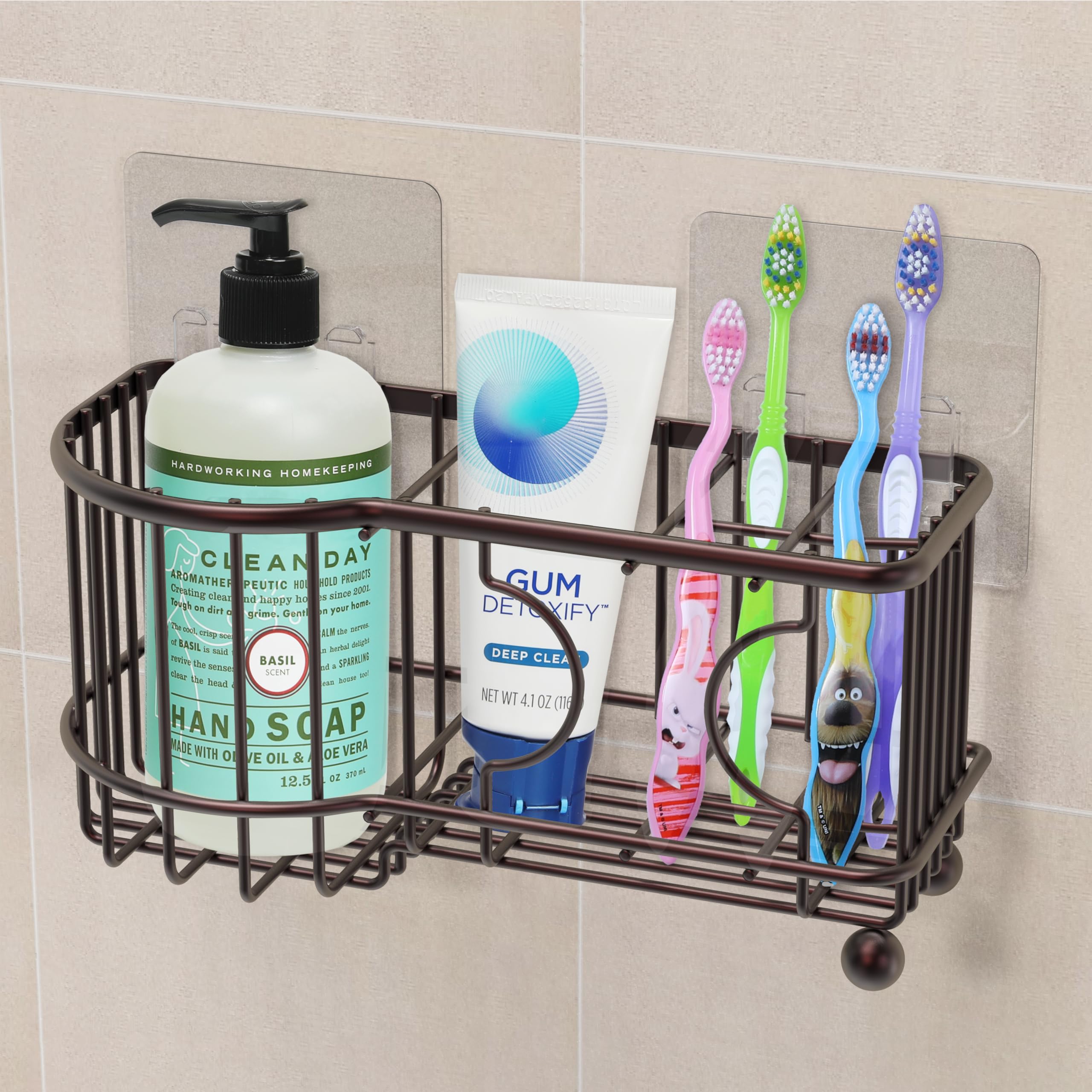 Simple Houseware SimpleHouseware Adhesive Wall Mounted Toothbrush Holder for Bathroom with 2 Adhesive Self Adhesive Hooks, 6 Slots, Bronze