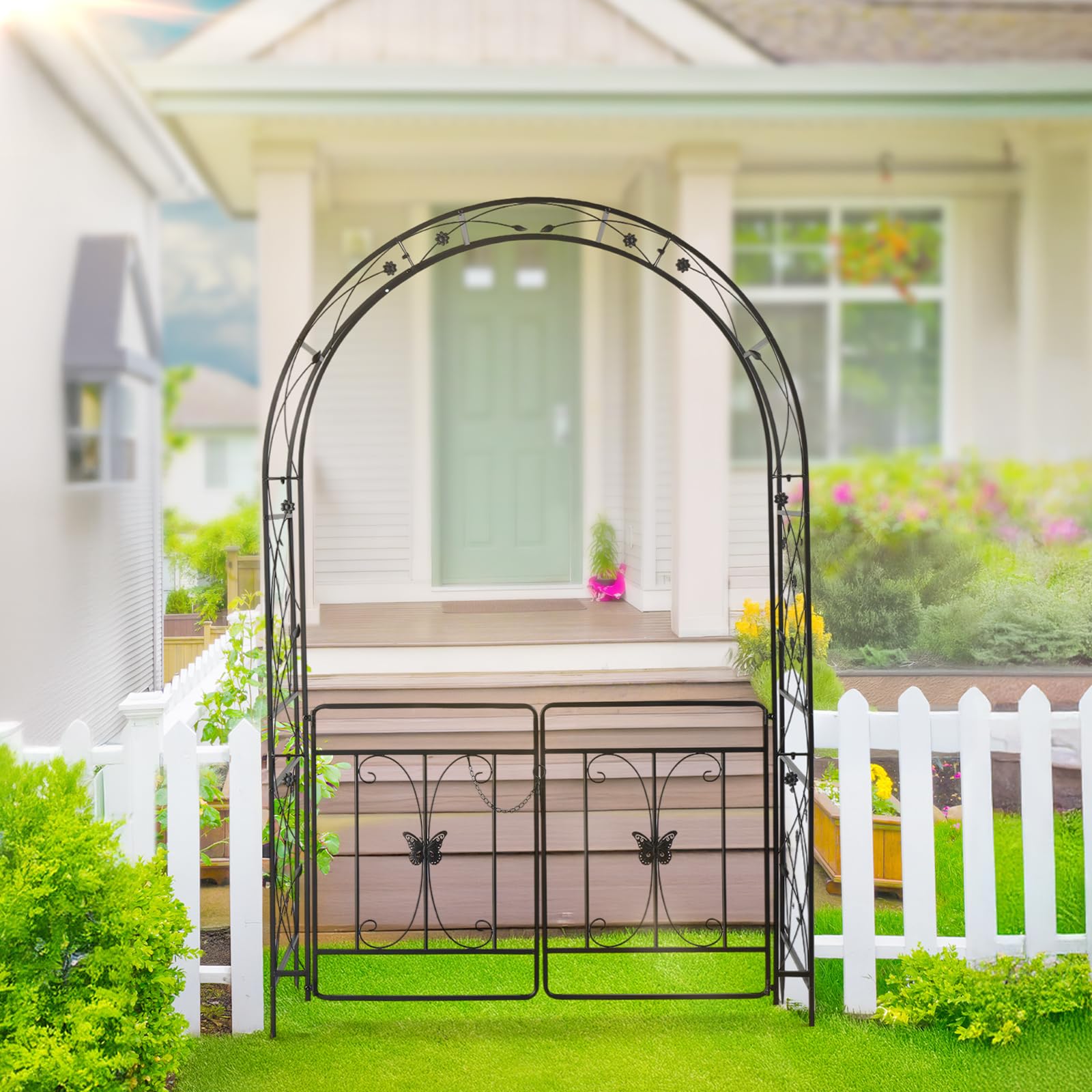 Arche Jardin Métal, Arche de Mariage - 135x58x212 cm - avec revêtement en Poudre, pour Plantes Grimpantes de Rose, Noir (avec Porte)