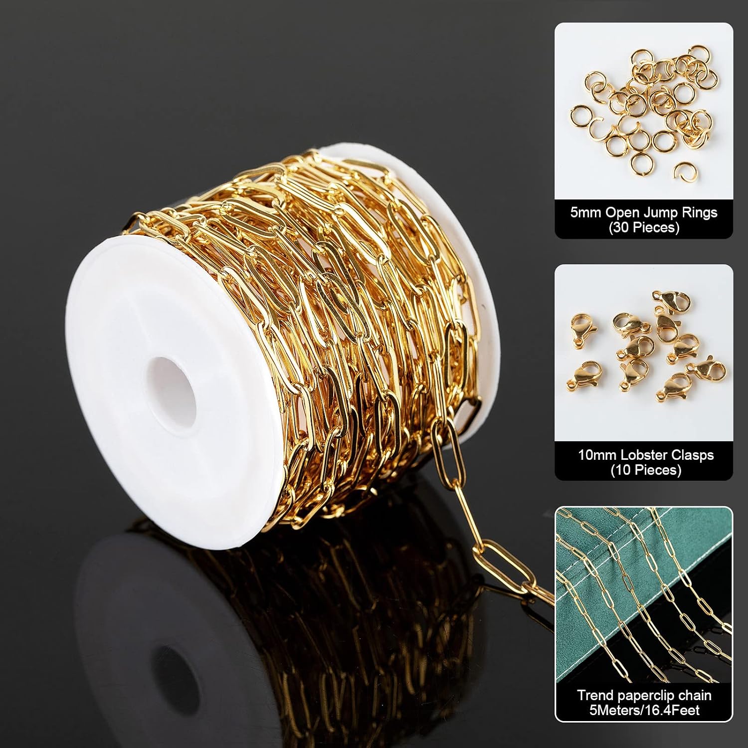Jabogrii 16.4 Feet Gold Plated Chain for Jewelry Making Welded Stainless Steel Paperclip Oval Link Chains Bulk with Lobster Clasps Jump Rings for Bracelet Necklace Making