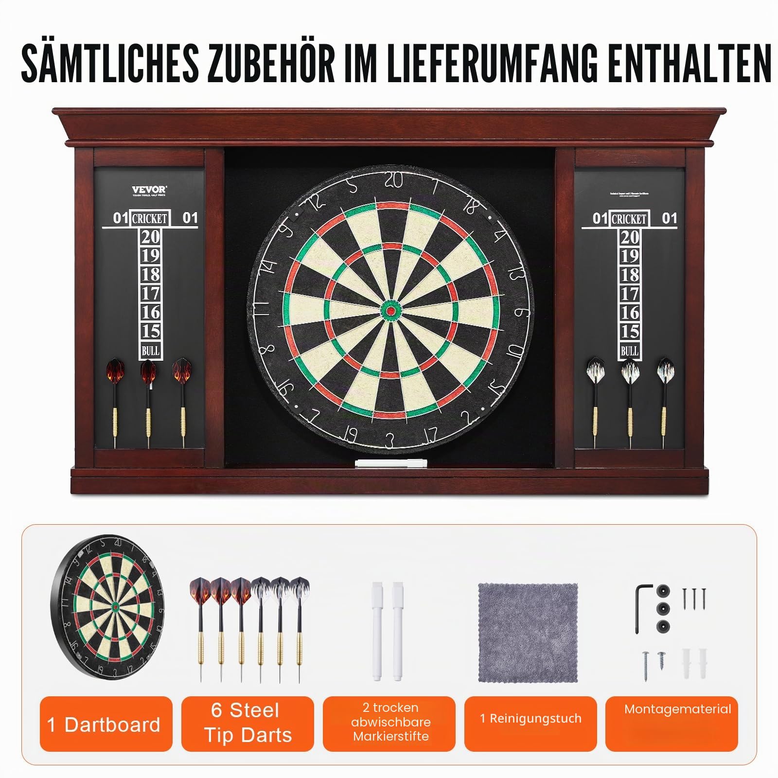 VEVOR Dartboard spielbereites Paket, Dartboard-Schrankset in offizieller Größe, Dartscheibe 45 x 3,8 cm, Dartschrank mit Stahlspitze, komplett mit sämtlichem Zubehör, für Cricket-Spiele