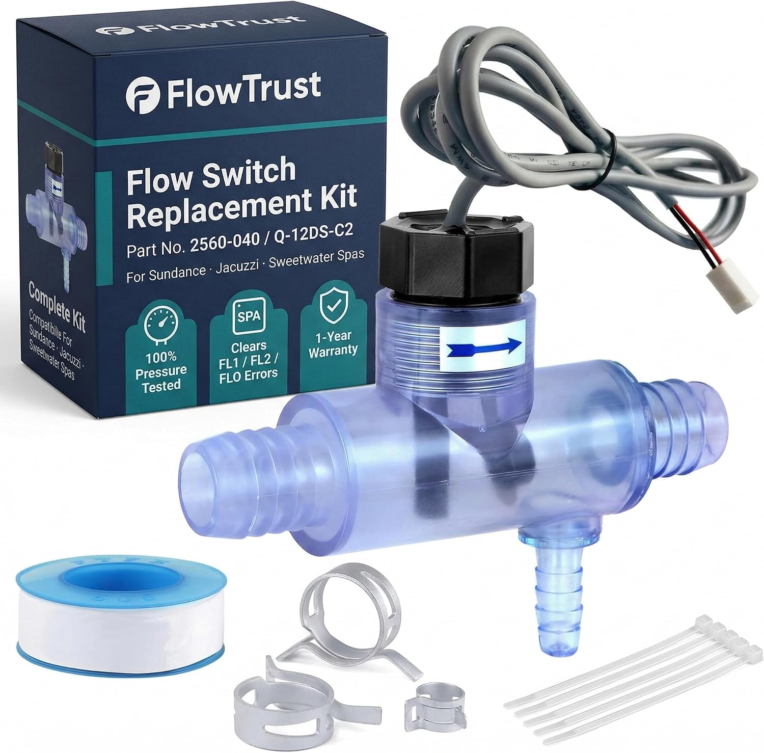 Flow Switch 2560-040 (Q-12DS-C2) - Flow Sensor Replacement for Sundance Spa, Jacuzzi, & Sweetwater Hot Tubs - OEM Grade Plug & Play with Complete Install Kit, Fixes FLO / FL1 / FL2 Errors