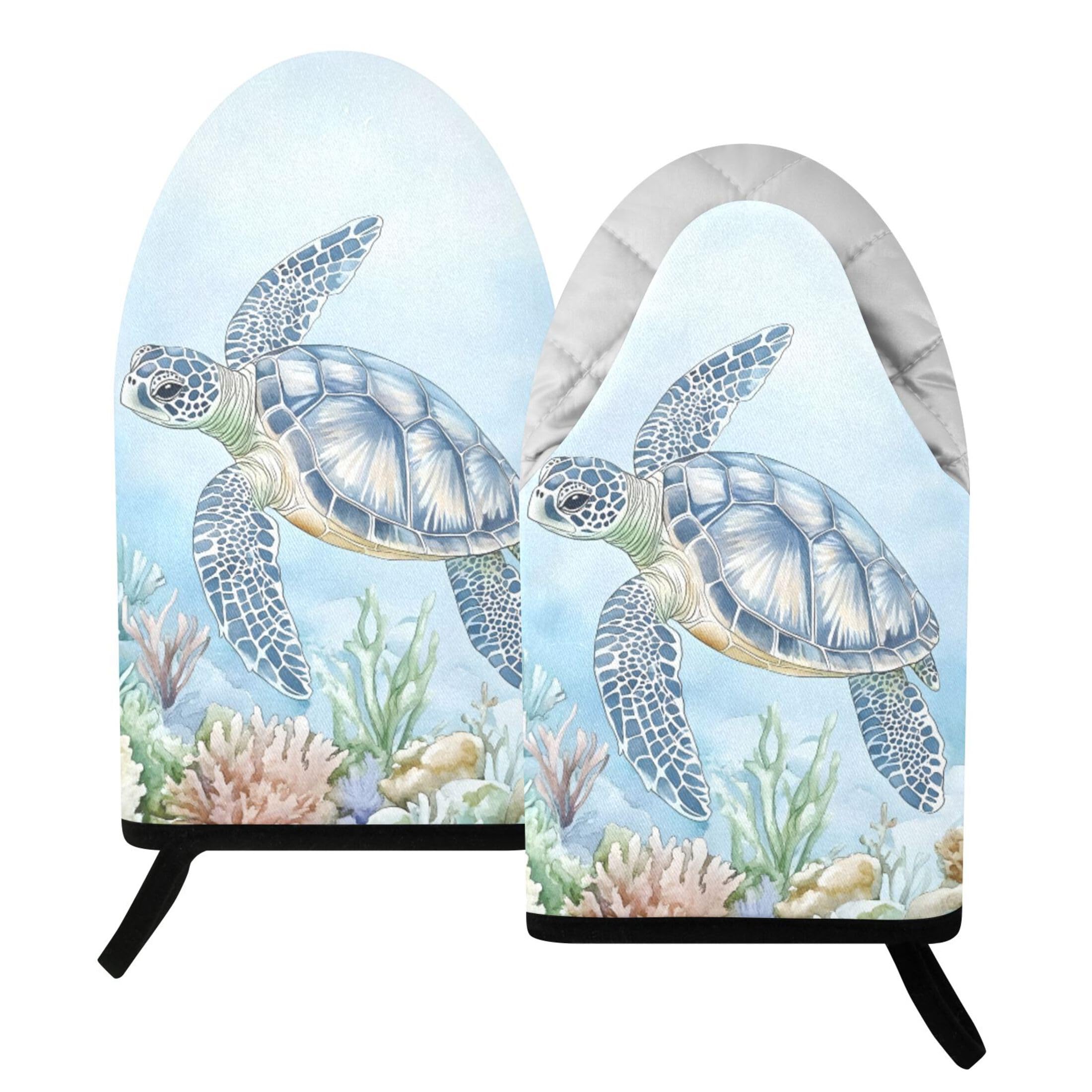 Fuauuyl Oven Mitts Heat Resistant Kitchen Gloves, Watercolor Sea Turtle Classic Oven Gloves with Hanging Loop for Baking BBQ Cooking Grilling, 1 Pair, 9.5 in
