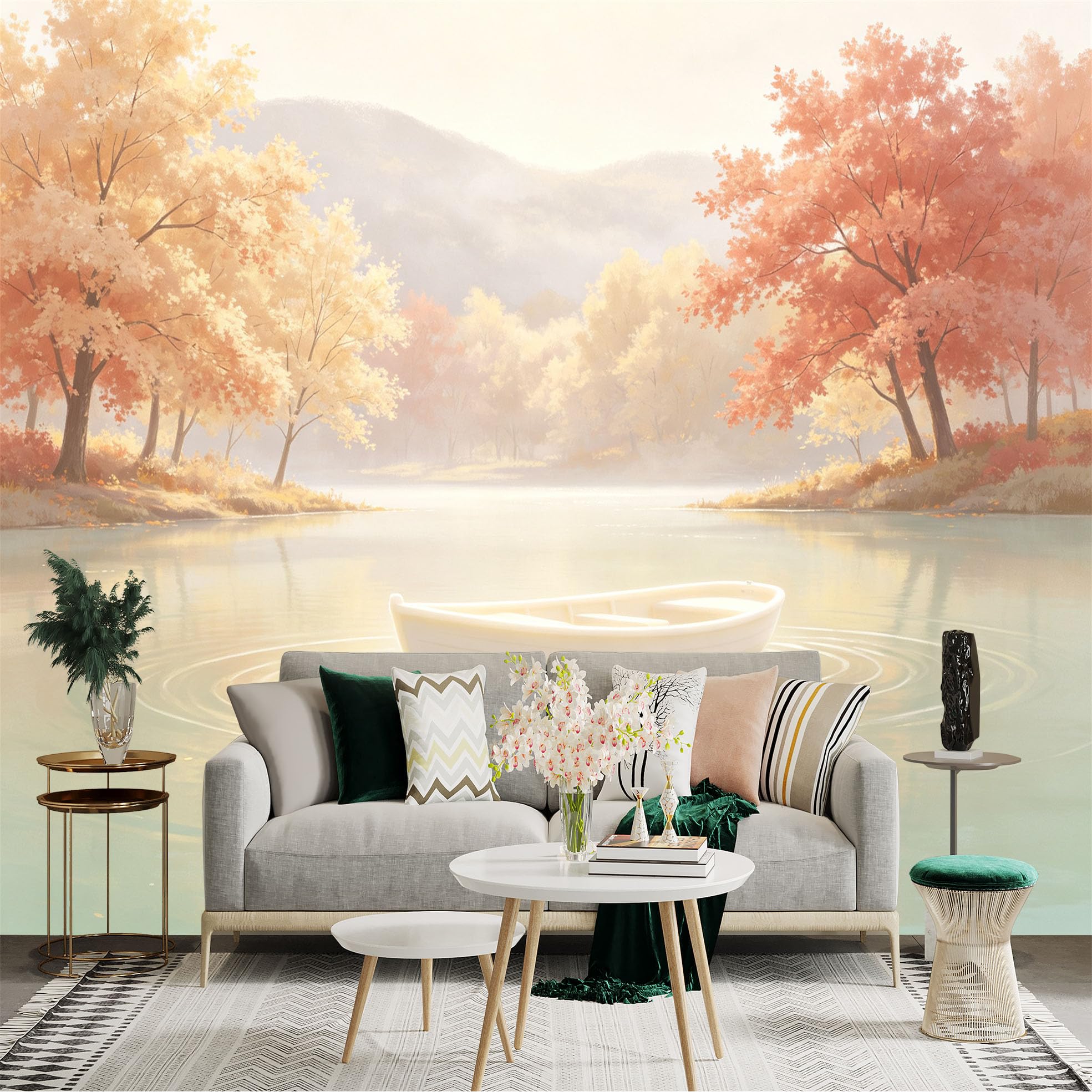 Custom Size Wall Sticker Mural， Serene Lake with Empty Boat， Peaceful Autumn Forest Scenery， Soft Golden Morning Light， for wall Decoration， peelandstick wall Decals.
