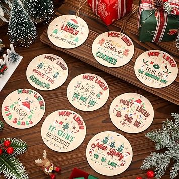Threehoney 9 Pcs 3D Most Likely to Christmas Ornaments 4 Inch Funny Round Wooden Hanging Decor Xmas Candy Cane Santa Gingerbread Man Pendant with Rope for Tree Home Family Xmas Holiday Party Supplies