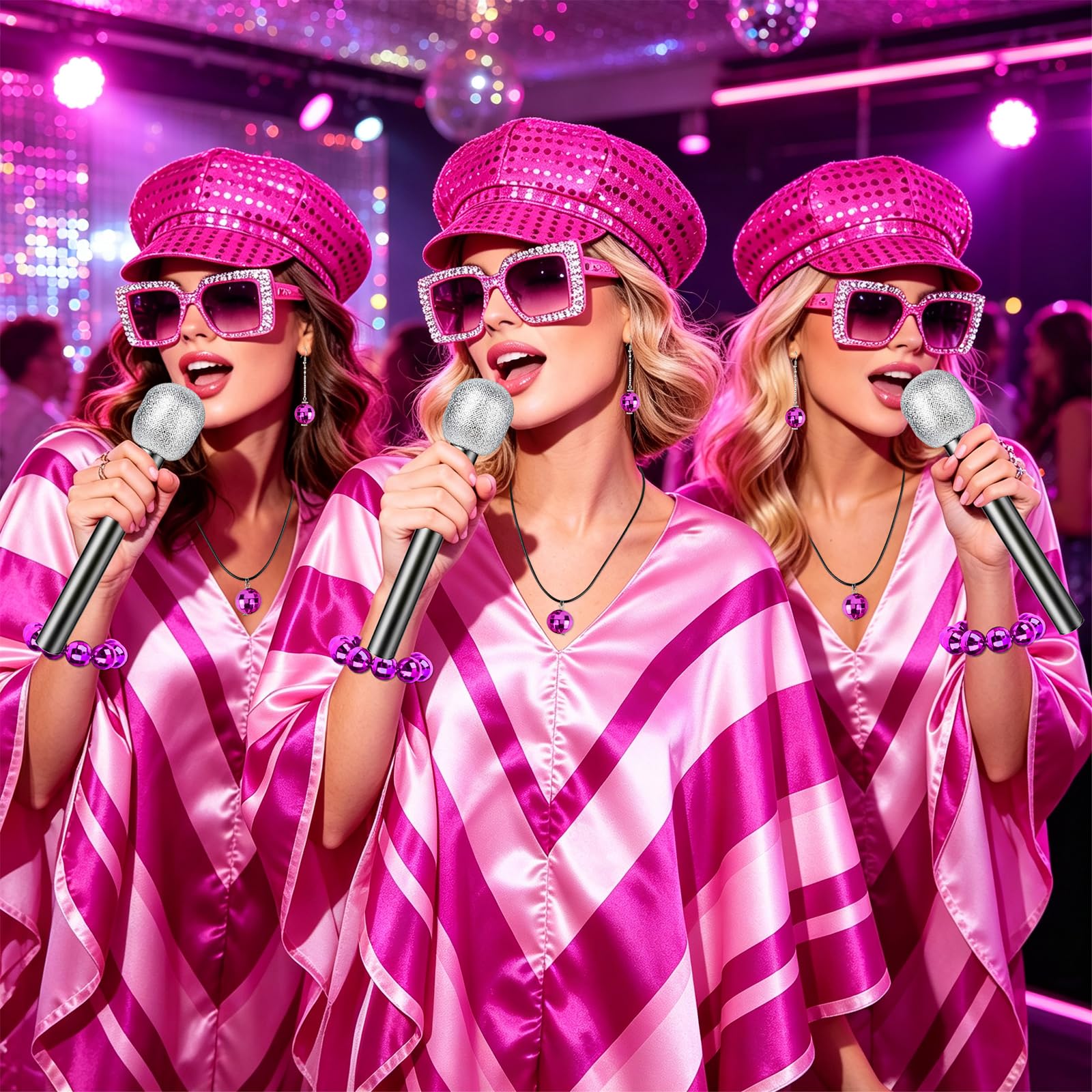 70s Disco Fancy Dress Set for Women 7PCS Retro Sequin Poncho Costume Accessories with Beret Hat, Square Sunglasses - Image 6