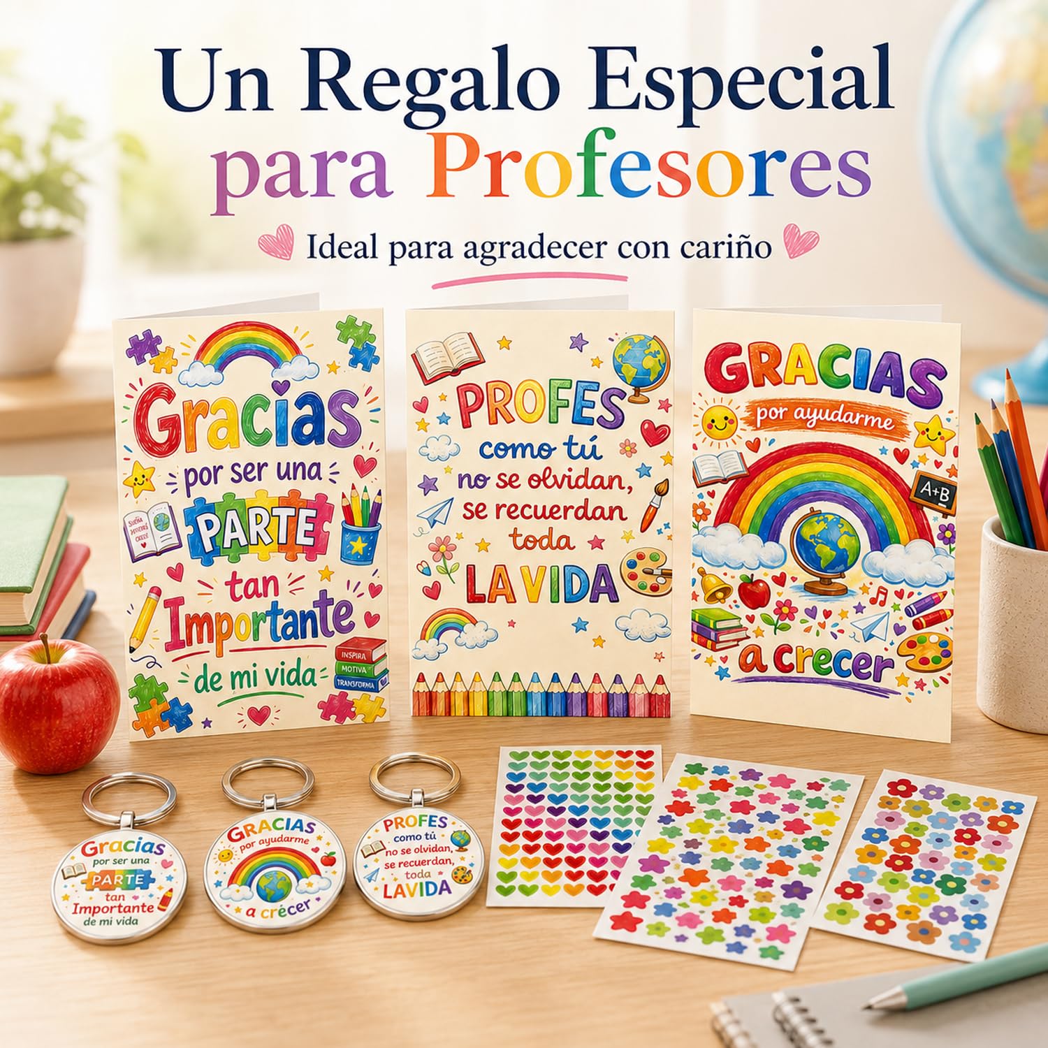 Regalo Profesora, Set de 3 Tarjetas y 3 Llaveros para Profesora, Regalo para Profesora Infantil con Pegatinas, Detalle de Agradecimiento para Maestra, Fin de Curso, Día del Maestro