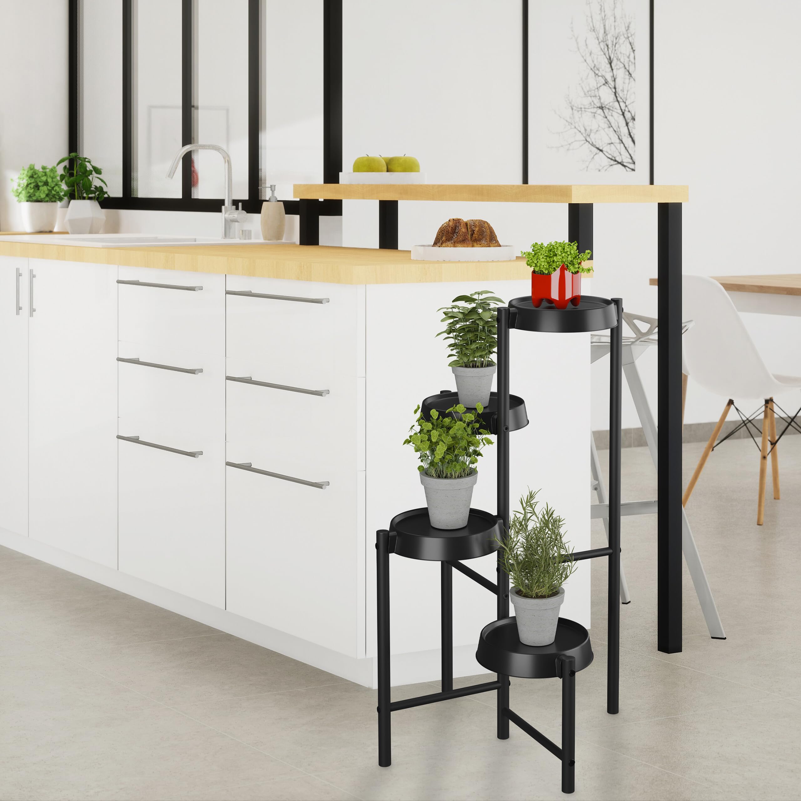 Relaxdays Étagère à Plantes, 4 emplacements, métal et Plastique, H x L x P : 81 x 48 x 49 cm, pour l'intérieur, Noire