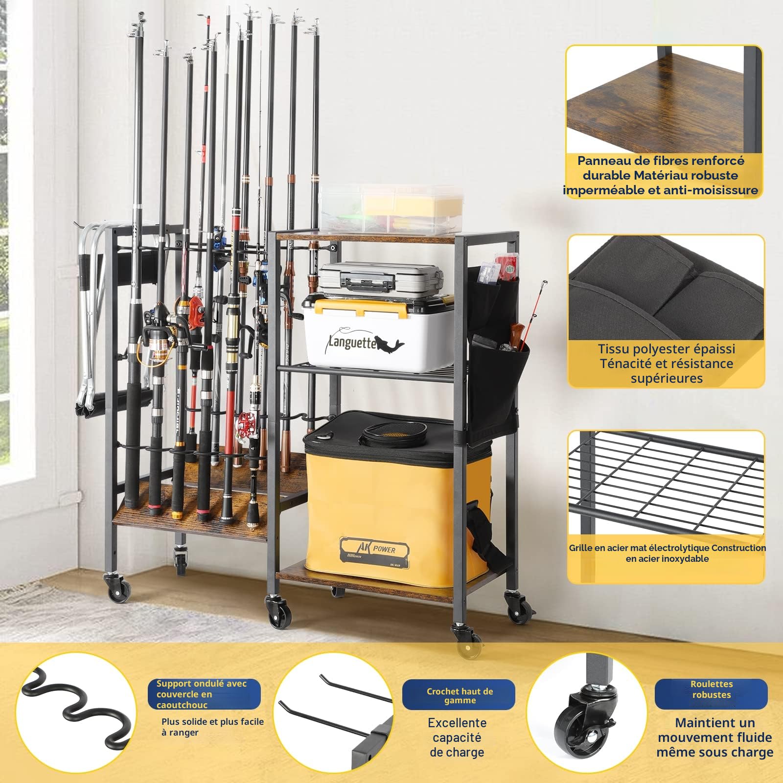 Bikoney Chariot de Rangement pour Cannes à Pêche 12 Supports – Porte-Cannes Mobile avec Roulettes, Organisateur d’Équipement de Pêche pour Garage, Maison ou Atelier, Idée Cadeau pour Homme