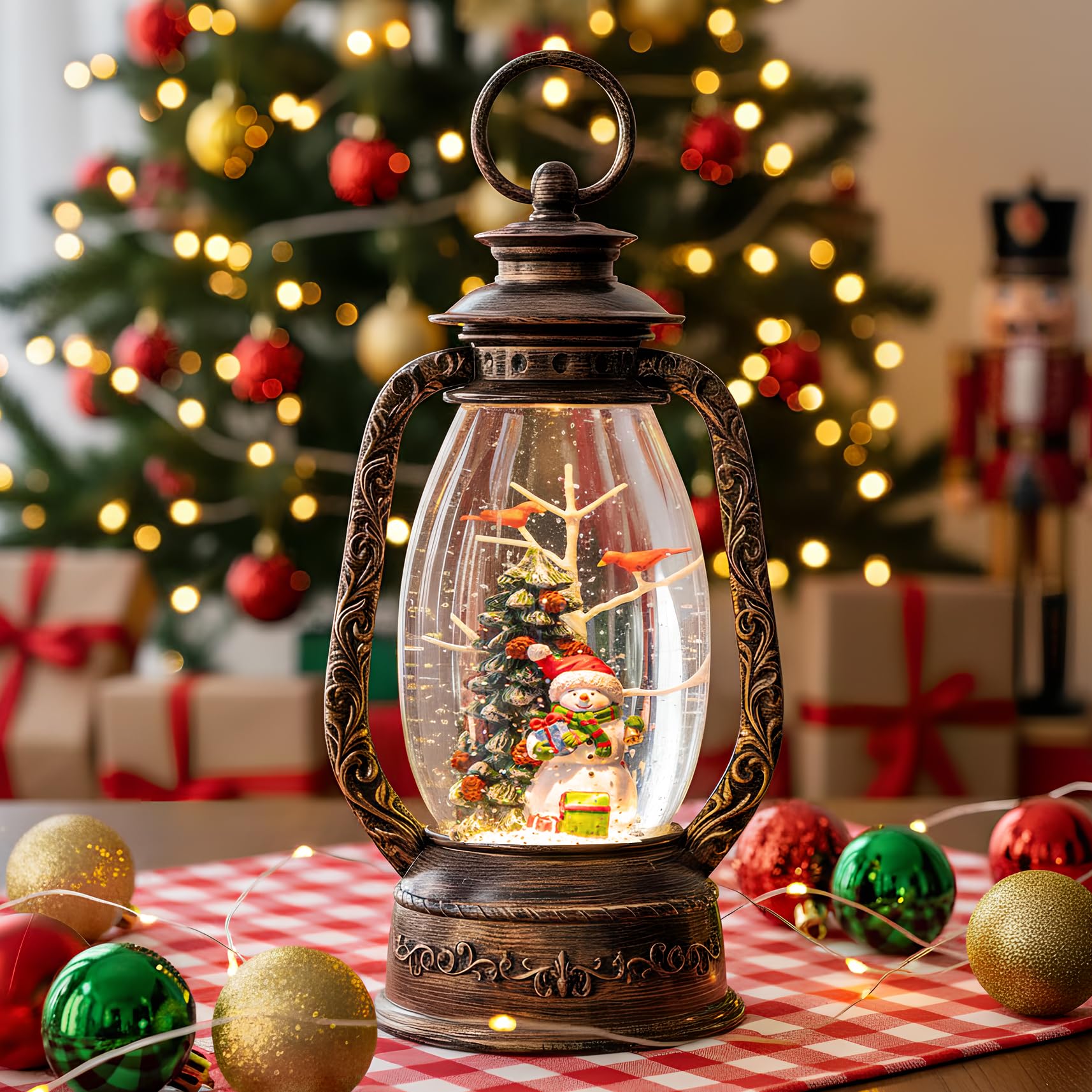12'' Christmas Musical Snow Globe Lantern Spinning Water Glittering Snowman with Holiday Tree Scene, Battery & USB Powered Light for Home Decoration