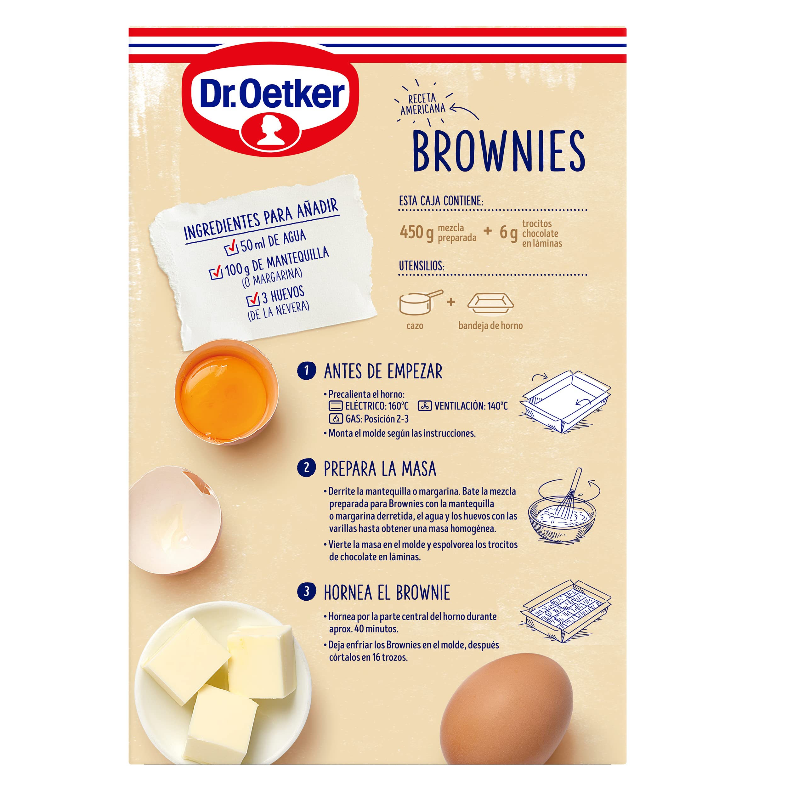 DR. OETKER Preparado para Brownies - Estuche con Preparado en Polvo para Hacer Brownies 450g y Molde Listo para Hornear - 16 Raciones