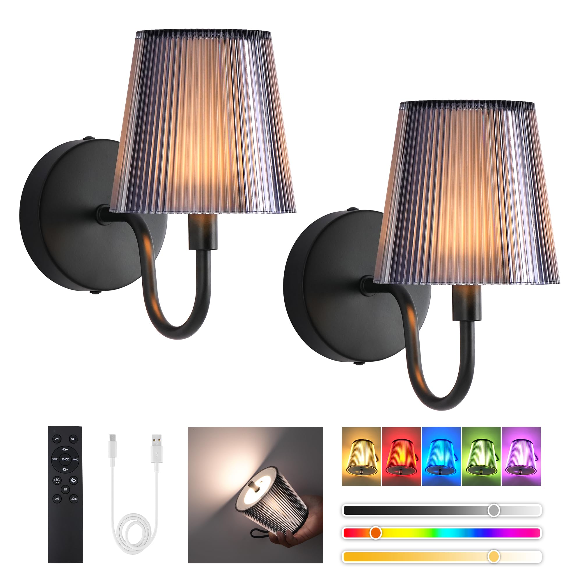 LumniexDesigns Wandleuchten Wiederaufladbare Wandlampen für Wohnzimmer RGB und 3 Farbtemperaturen Dimmbar Kabellose Bilderleuchten mit Touch-Steuerung und Fernbedienung für Treppen Flur 2 Stück