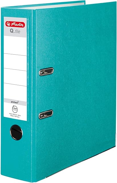 Herlitz® Q.File Segregator na dokumenty A4 | Grzbiet 8cm | Wymienna dwustronna etykieta | Mechanizm dzwigniowy 2 ringowy z listwą dociskową | Wytrzymały Powlekany Folią PP Okucia | Turkusowy