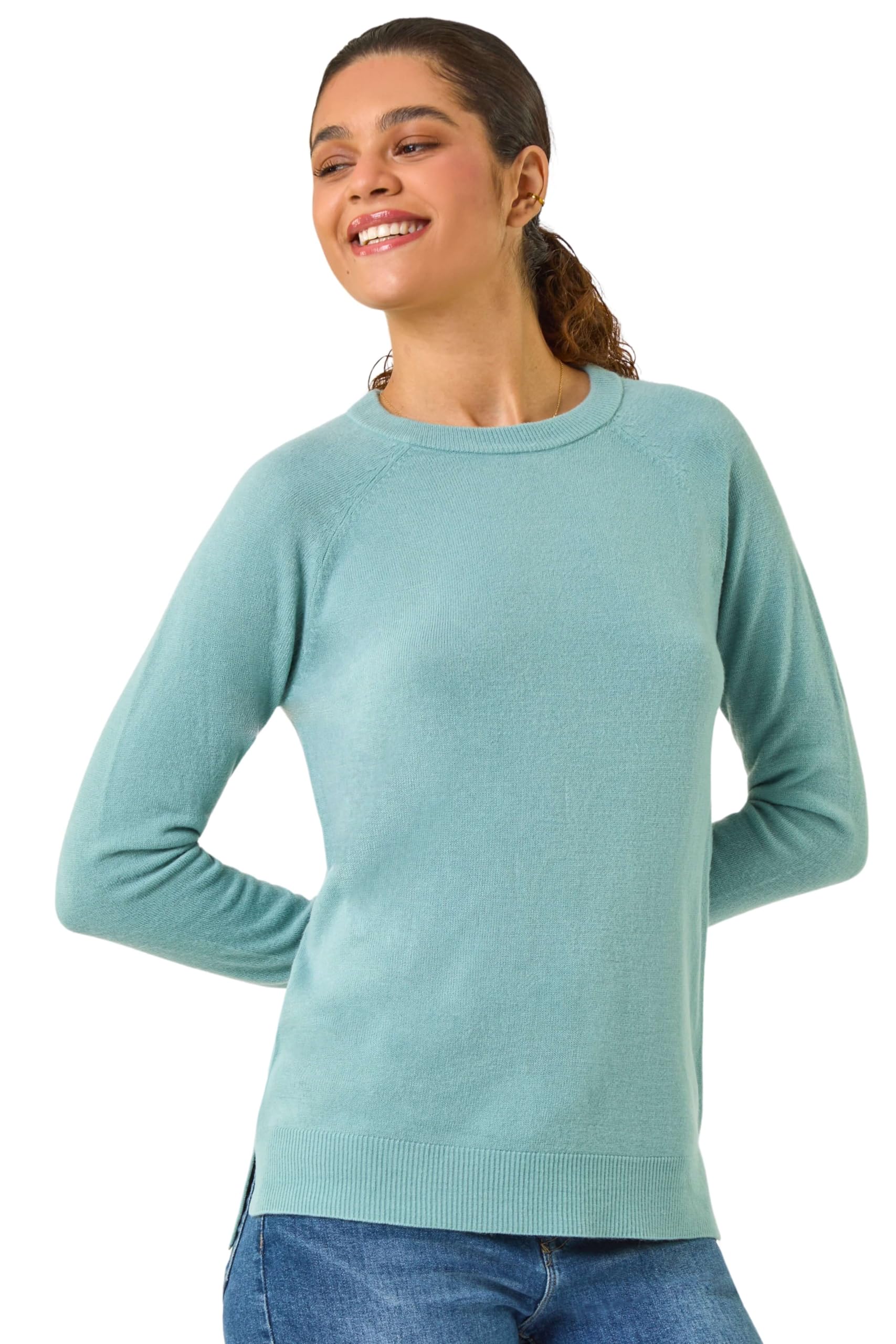 Roman Soft Jumper for Women UK Ladies Winter Autumn Sweater Knit Knitwear Round Crew Neck Top Plain Lightweight Comfy Long Sleeve Split Hem Everyday Daywear - Steel Blue - Size 20
