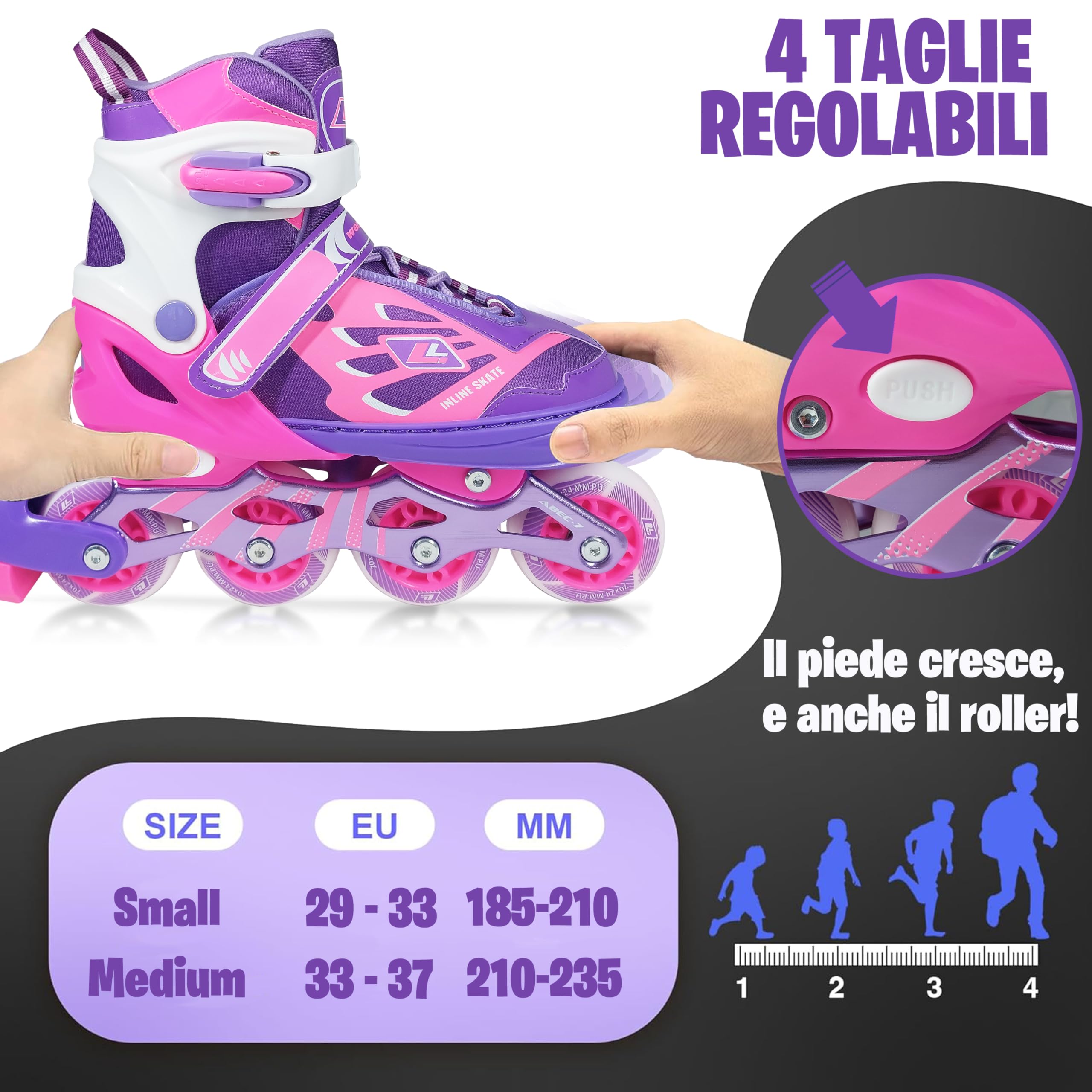 WeLLIFE SK-Line Pattini in Linea Bambini Regolabili 4 Misure con Ruote LED Bianco, Pattini Bambino e Bambina Guscio Rigido Telaio Alluminio Borsa Taglie 29-37