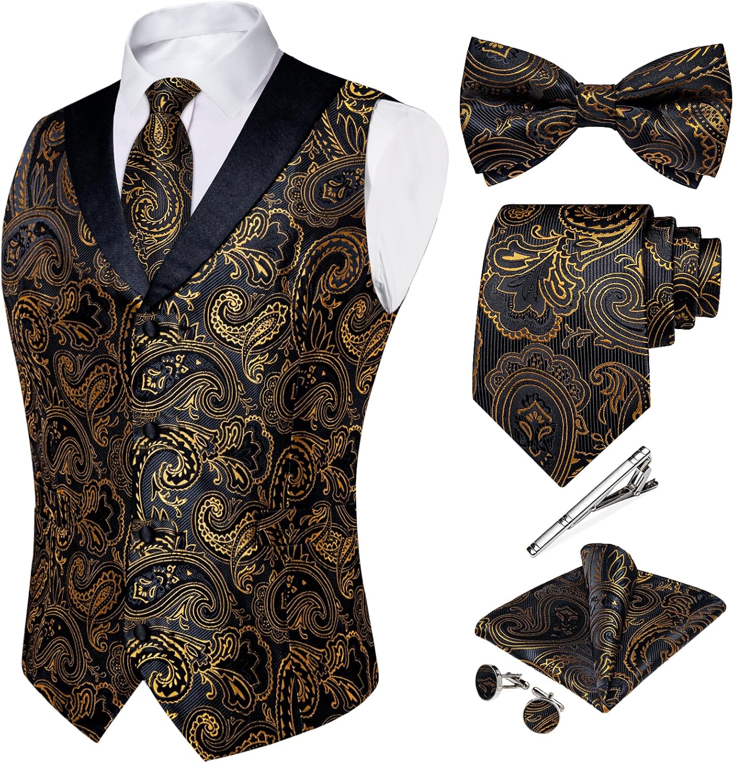 DiBanGu Shawl Collar Men's Suit Vest and Tie Set with Bowtie Tie Clip Pocket Square Cufflinks Waistcoat Prom Wedding Small Black Gold