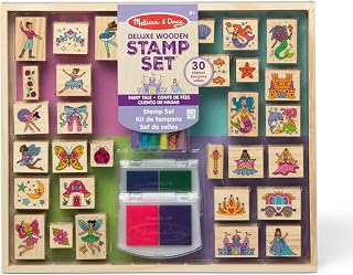 Melissa & Doug Fairy Tale Deluxe Wooden Stamp & Coloring Set - 30 Magical Stamps, Markers, Ink Pads for Kids Creativity