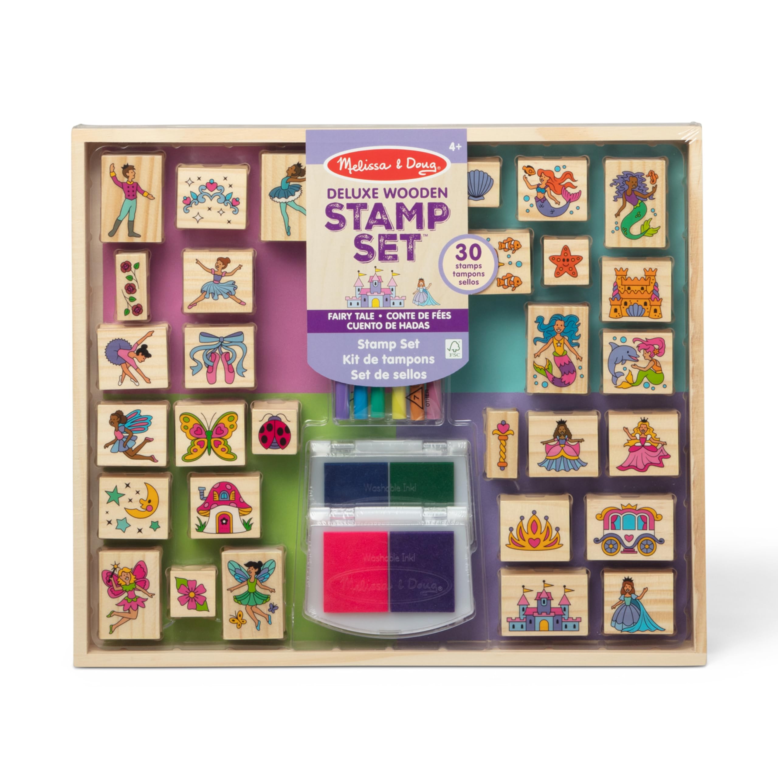 Melissa & Doug Deluxe Wooden Coloring Set – Fairy Tale (30 Stamps, 6 Markers, 2 Durable 2-Color Stamp Pads)