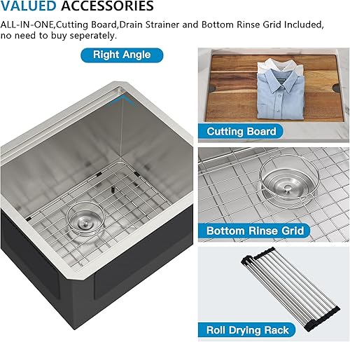Miniatura 6 de Fulorni - Fregadero de barra de montaje inferior 23 pulgadas x 19 pulgadas, estación de trabajo de acero inoxidable calibre 16, fregadero de cocina