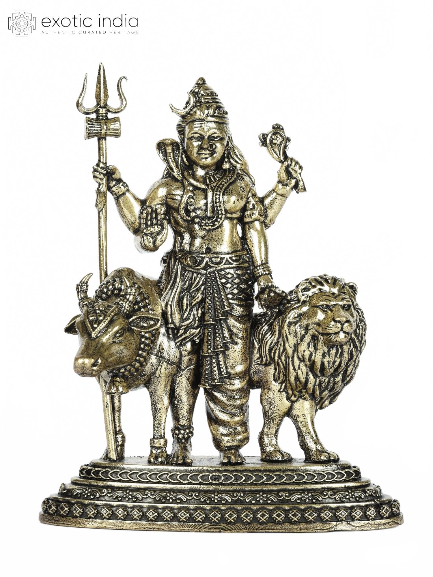 Exotic India 4" Superfine Ardhanarishvara Brass Statue with Nandi and Lion Idol for Pooja Mandir Room, Home Décor, Table Décor