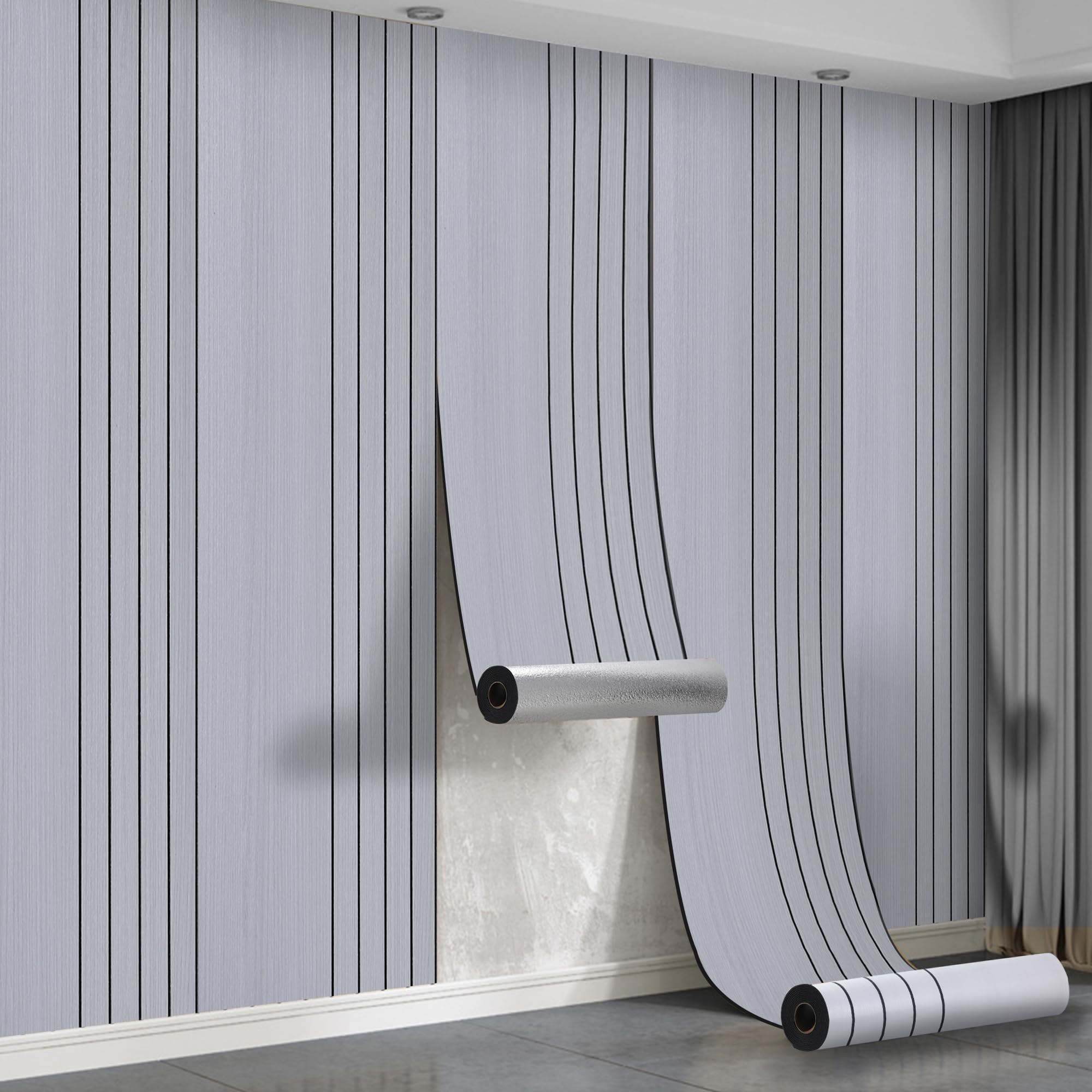 Peel and Stick Wood Slat Wall Panels - 5 Roll 3M Self Adhesive Wall Panels Wood Grain Texture, 3mm Decorative Acoustic Thermal Panels 3D PVC Wall Cover for Bedroom Living Room Feature Wall,Light Grey