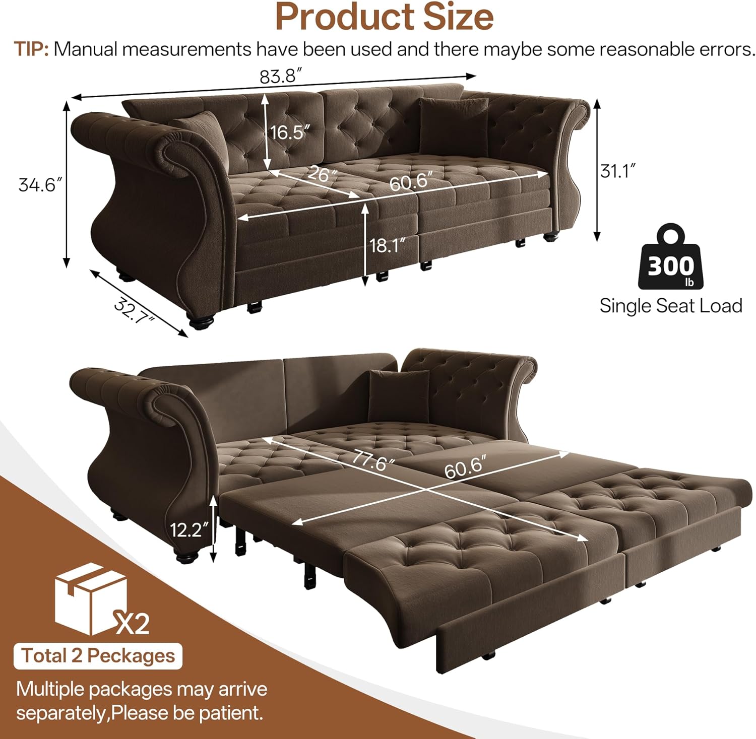 83.8'' Queen Size Pull Out Sofa Bed, Velvet 3-in-1 Convertible Sleeper Sofa Bed, Chesterfield Rolled Arm, Flower Tufted, Oversized Deep Seat Loveseat Sofa for Living Room, Apartment, Brown | Breathable material