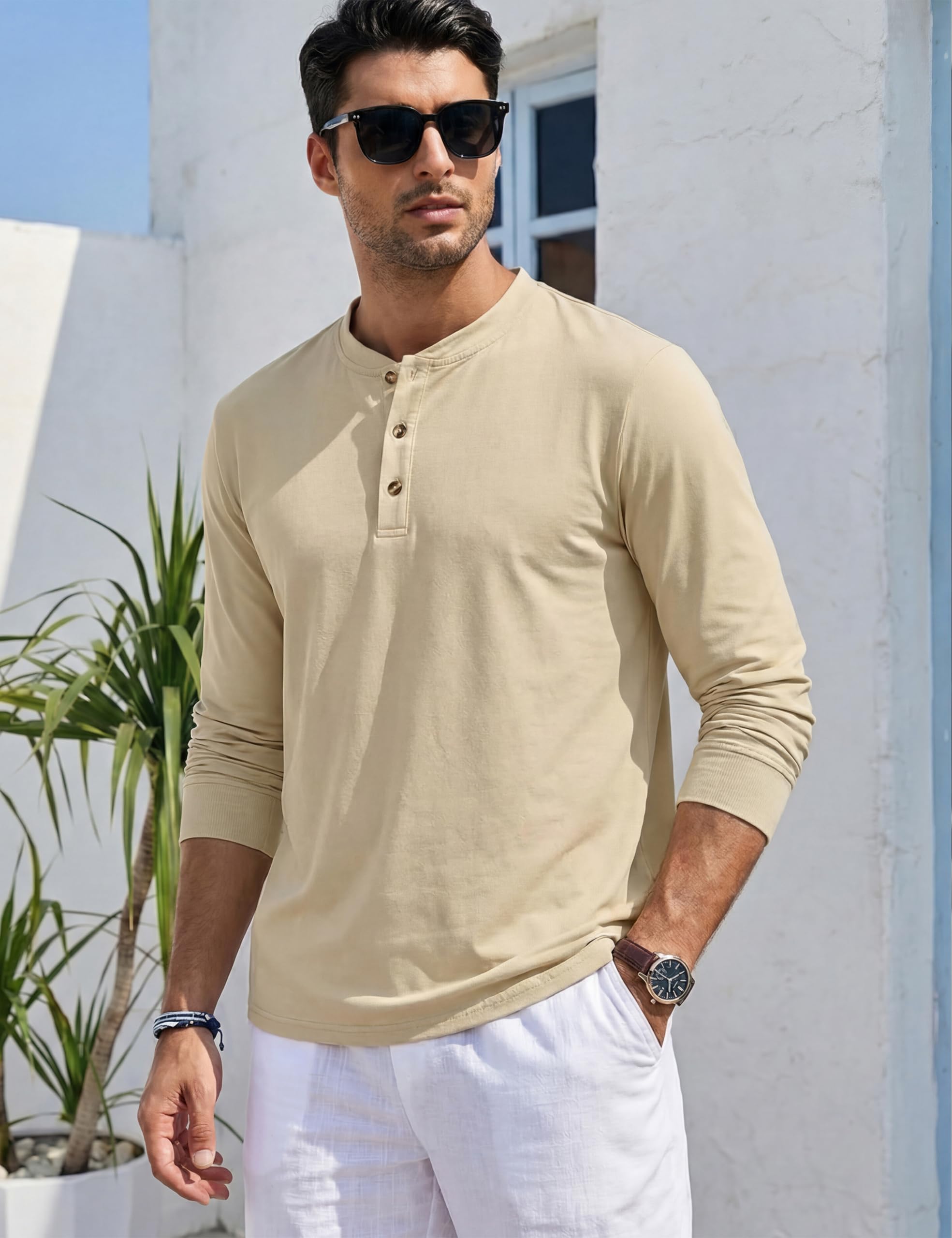 TACVASEN Tshirt Uomo Cotone Maglietta Uomo Manica Lunga Maglia Henley Camicia Elegante Base con Sfilo a Bottoni Taglio Regular Camicia Casual