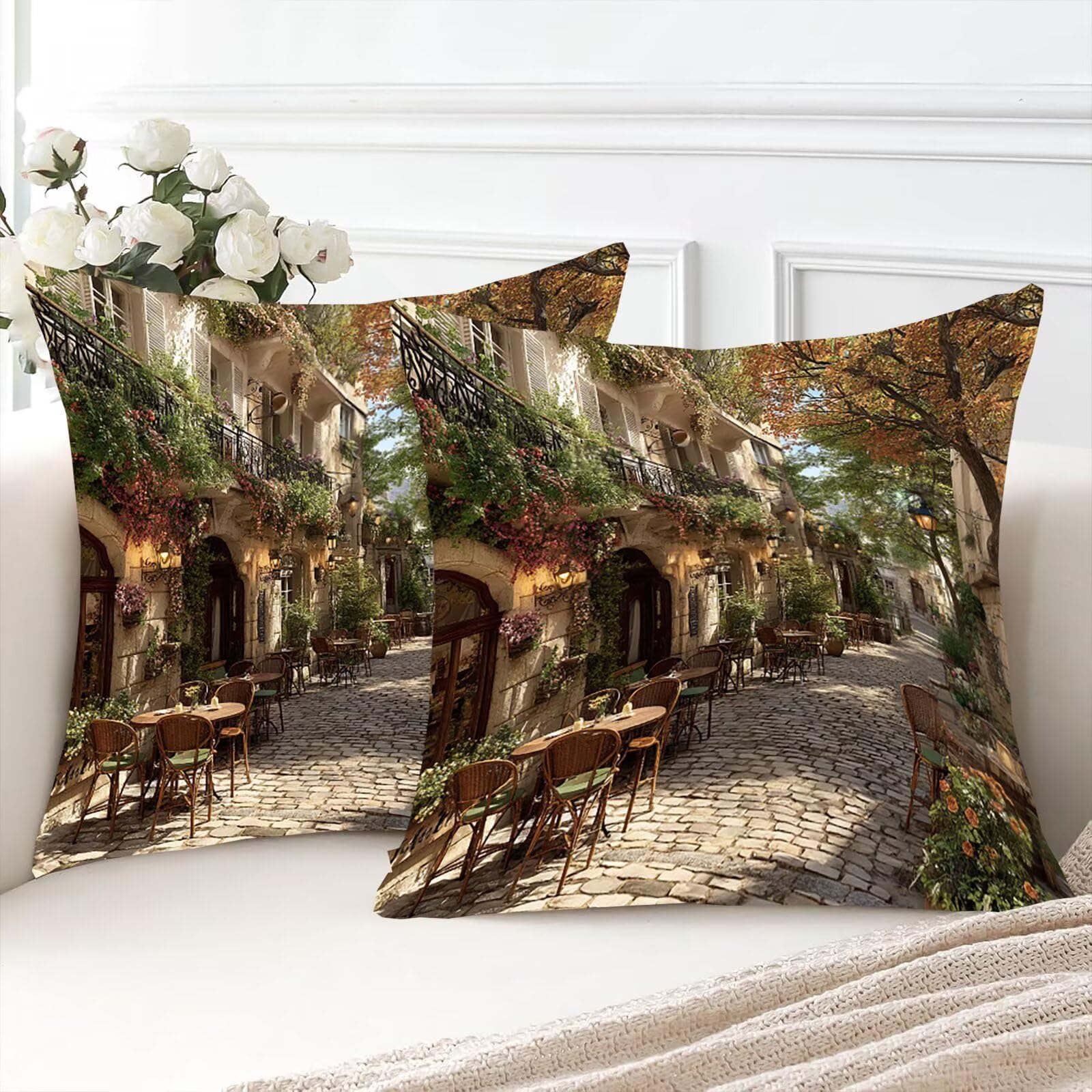 Straßenblick Samt Kissenbezug 60 x 60 cm 2er Set Kissenhülle Sofakissen Samtkissen Dekorative Dekokissen Couchkissen Wurfkissenbezug mit Verstecktem Reißverschluss Sofa Wohnzimmer Geschäft 0P-406