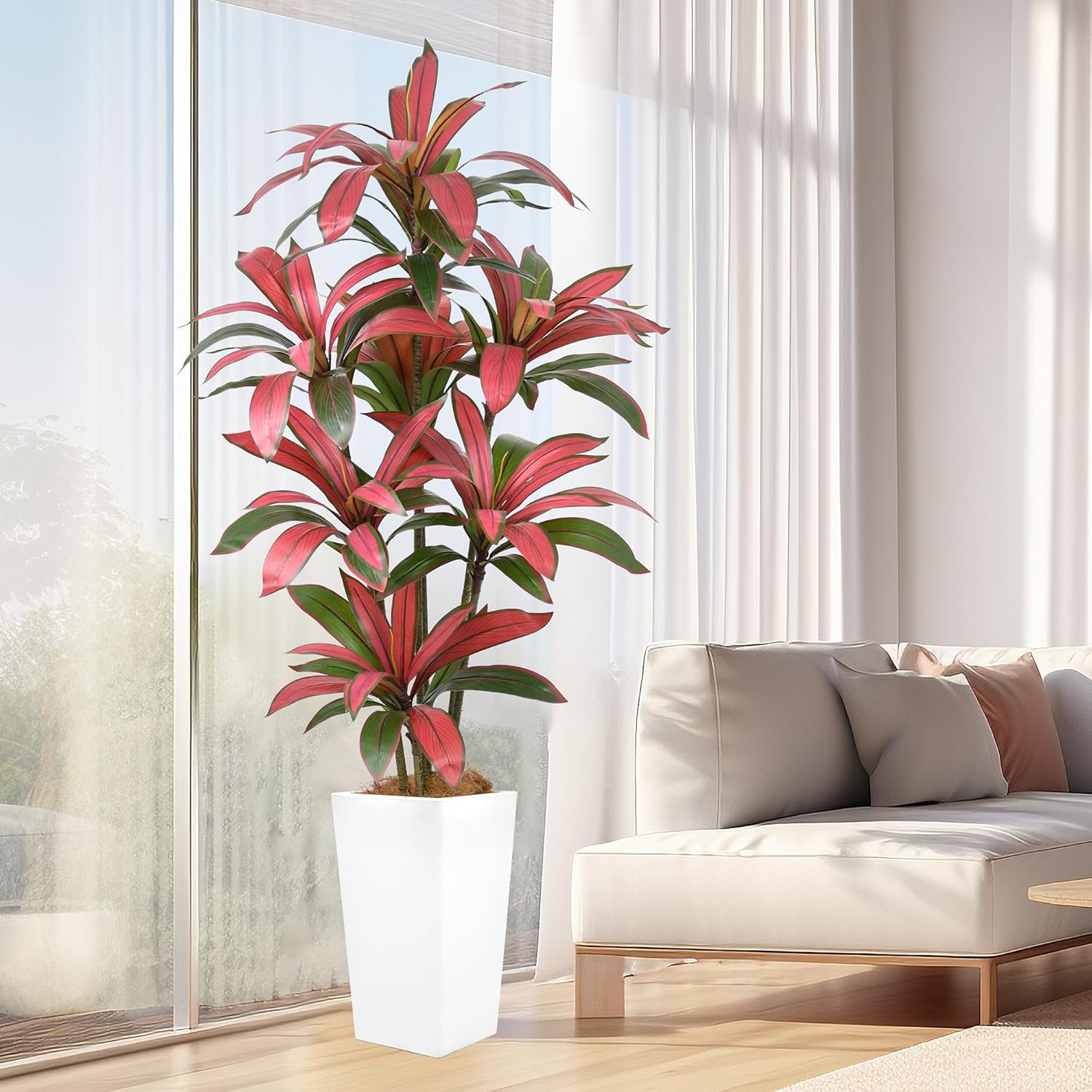 Artificial Dracaena Tree 5ft(60in) Faux Silk Tree with Tall White Planter, Fake Floor Potted Artificial Plants for Home Office Living Room Indoor Outdoor Decor (5feet,1Pack)