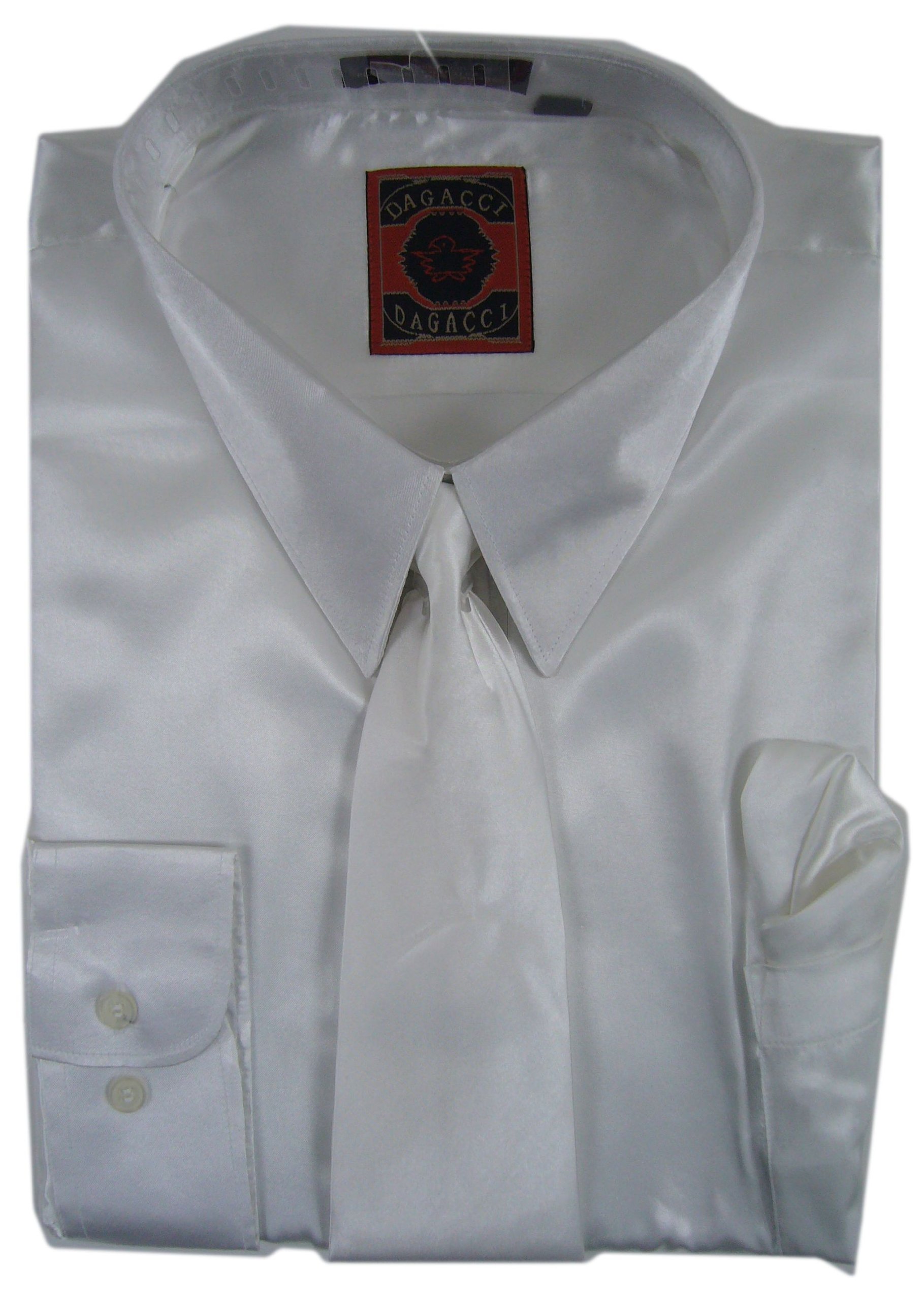 Dagacci Mens Dress Shirt - Satin Feel Shiny Look Tie & Hanky - Pure White XLarge