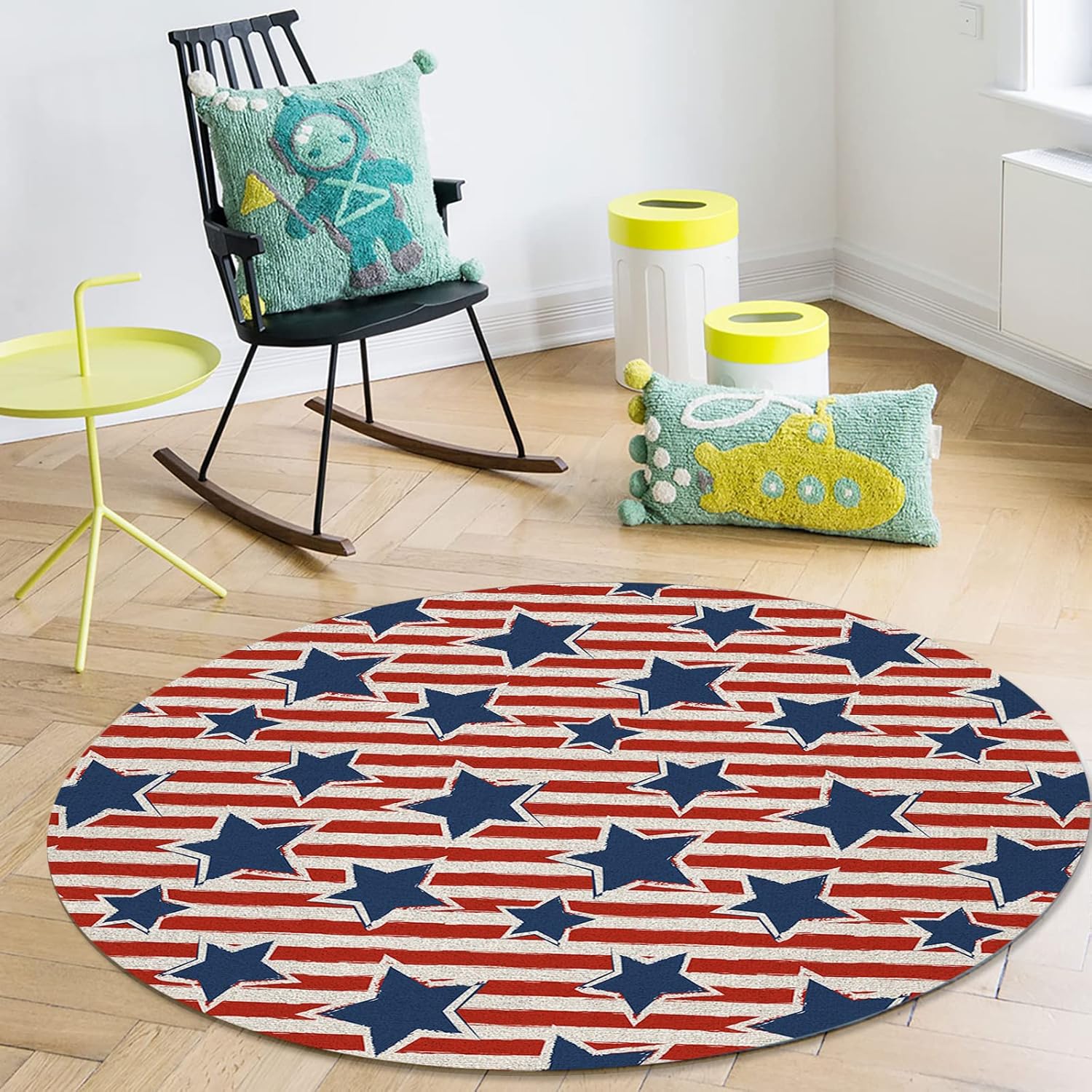 4th of July Round Area Rug 4ft American Flag Felt Floor Carpets Washable Indoor Floor Area Mat Stain-Proof Independence Day Mat Rugs for Living Room Kitchen Bedroom, Red White and Blue Stars Stripes