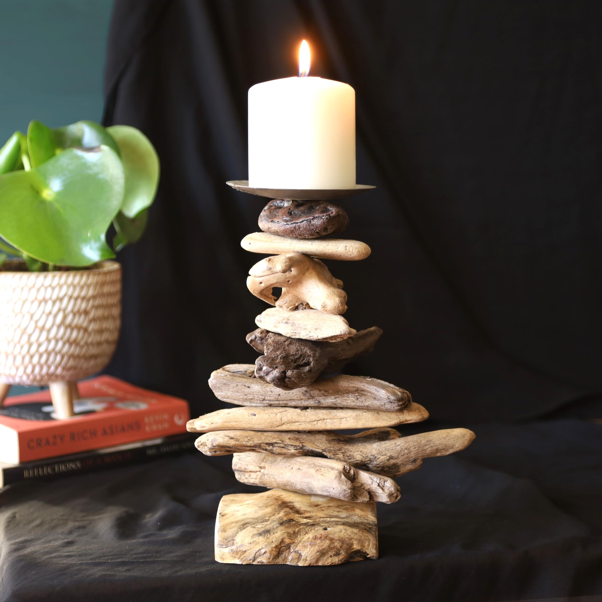 Fyne-Finds Natural Handmade Rustic Driftwood Candle Holder Nautical Coastal Home Decor Accent 23-25Cm