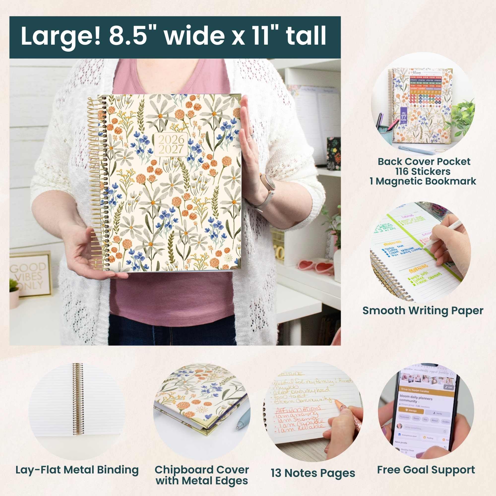 bloom daily planners Agenda scolaire 2026-2027 (21,6 x 27,9 cm) à couverture rigide (juillet 2026 à juillet 2027) – Planificateur d'objectifs pour femme – Agenda mensuel et hebdomadaire inspirant
