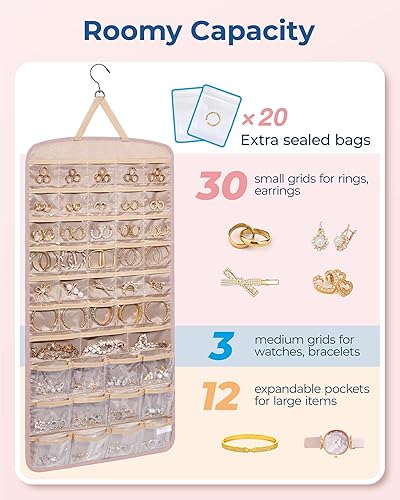 Miniatura 67 de BAGSMART Organizador colgante de joyas, soporte para collares, aretes y anillos, con 20 bolsas de joyería, rollo de almacenamiento de viaje con Negro